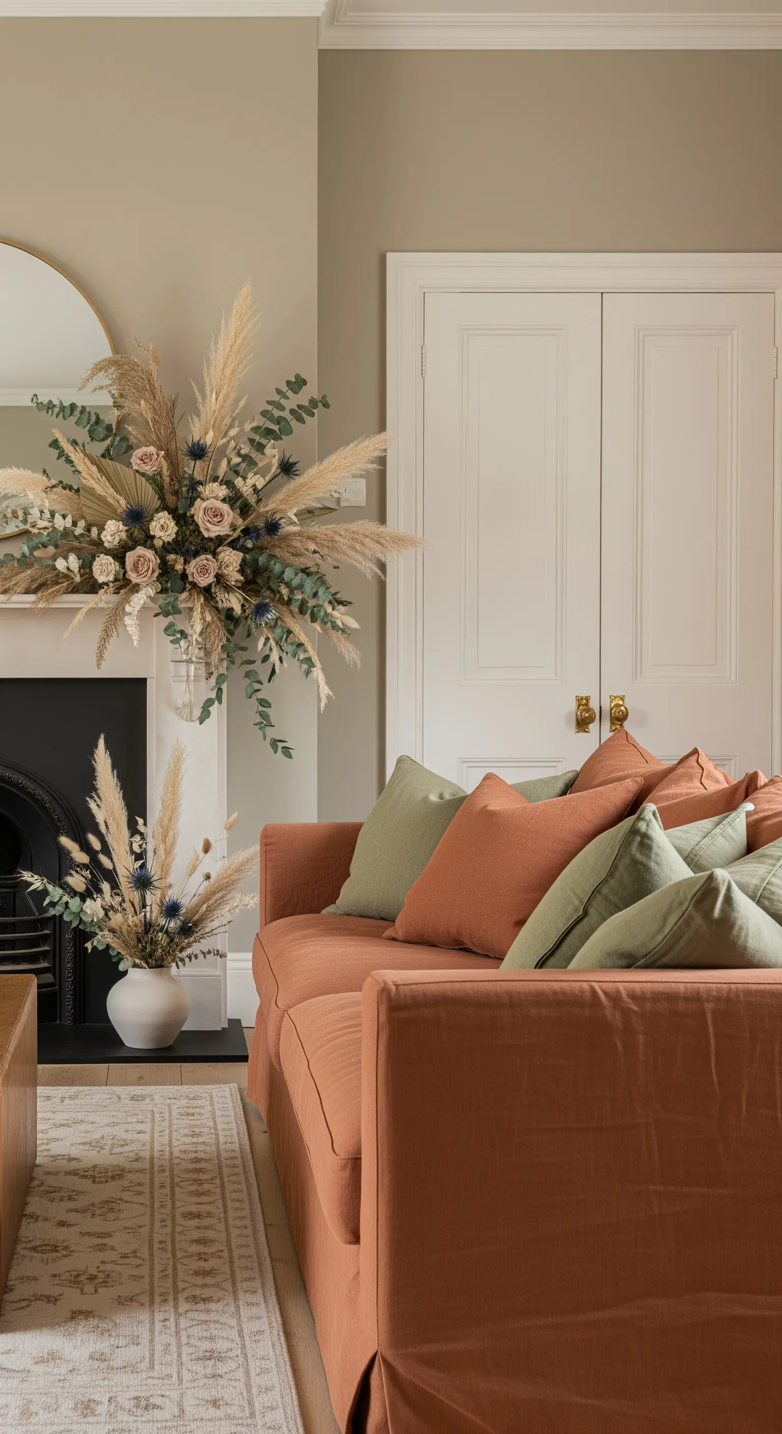Divano color terracotta con cuscini verdi e grandi composizioni di fiori secchi su un camino.
