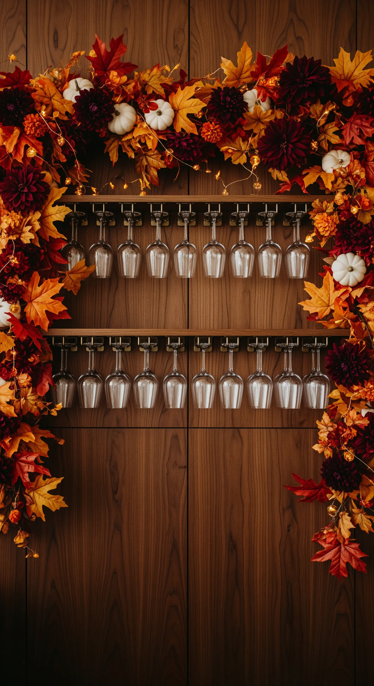 Parete in legno scuro con porta-calici e una ricca ghirlanda di foglie autunnali.