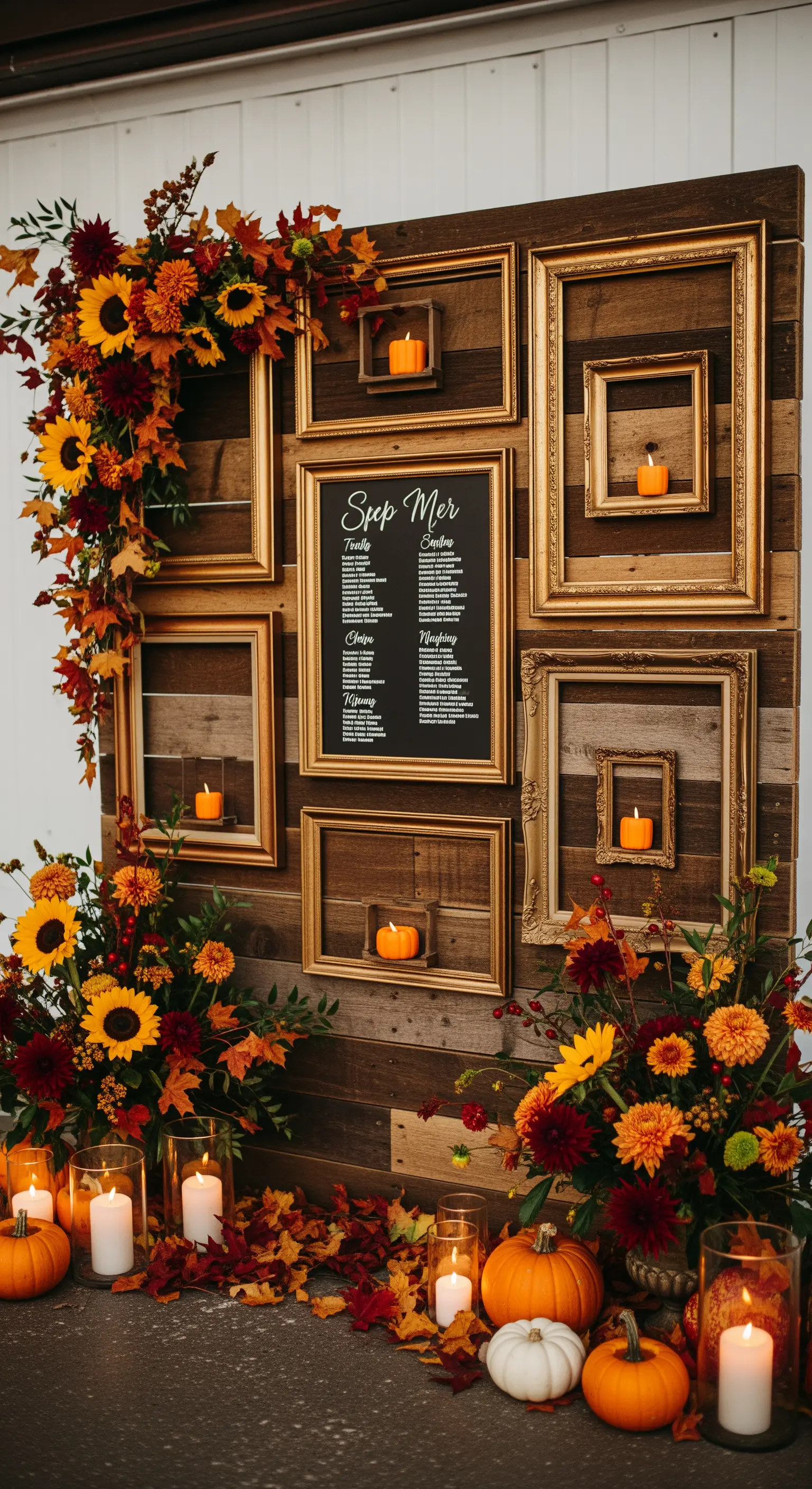 Tableau mariage autunnale su pannello di legno con cornici dorate, candele, zucche e girasoli.