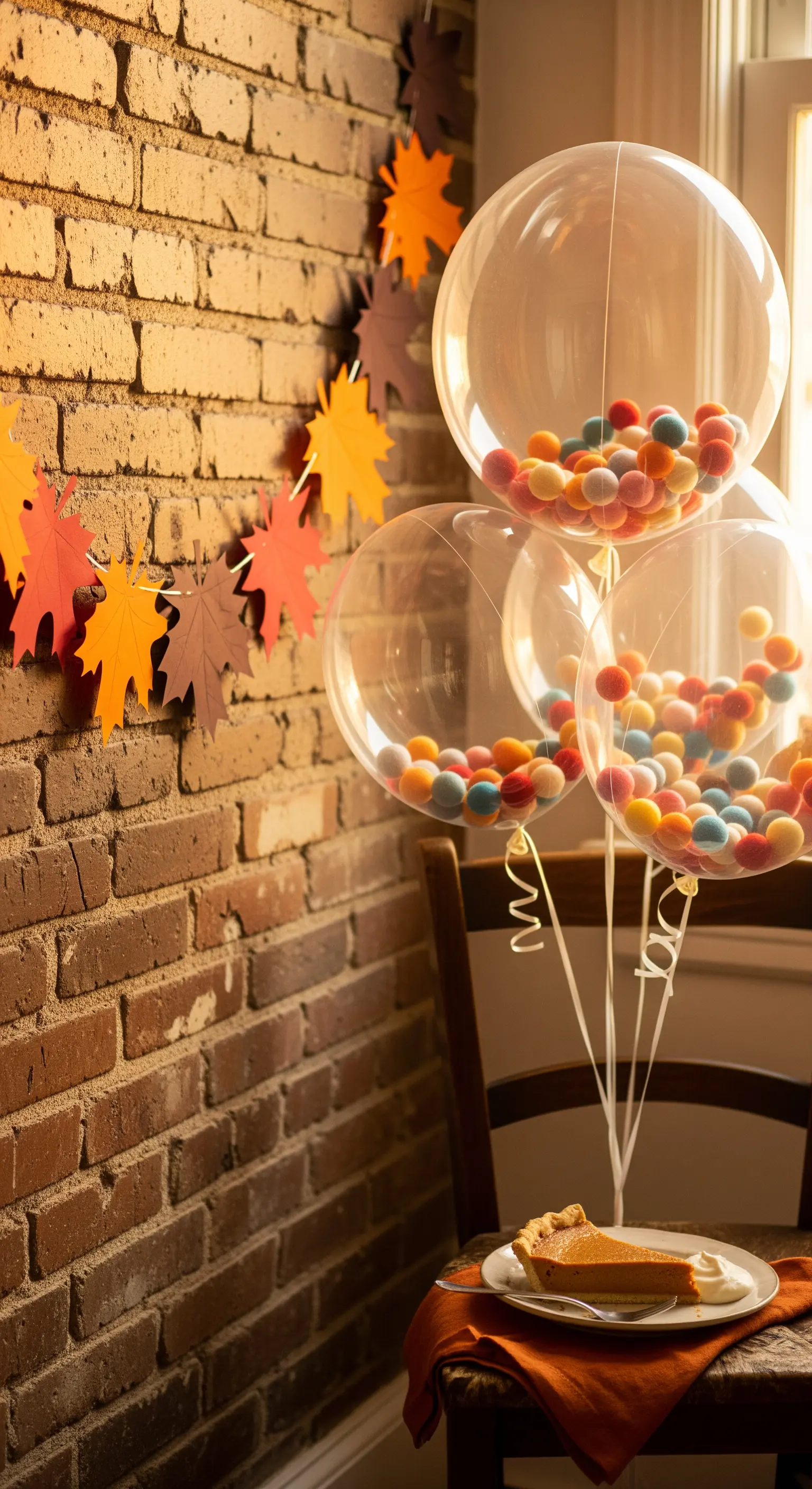 Palloncini con pompon colorati e una ghirlanda di foglie autunnali contro un muro di mattoni.