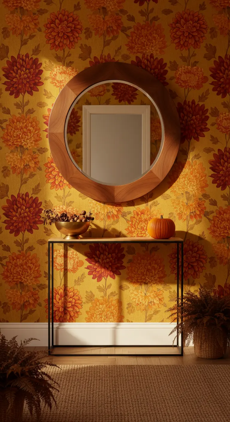 Ingresso con carta da parati a crisantemi arancioni e gialli in stile anni '70 e specchio rotondo.