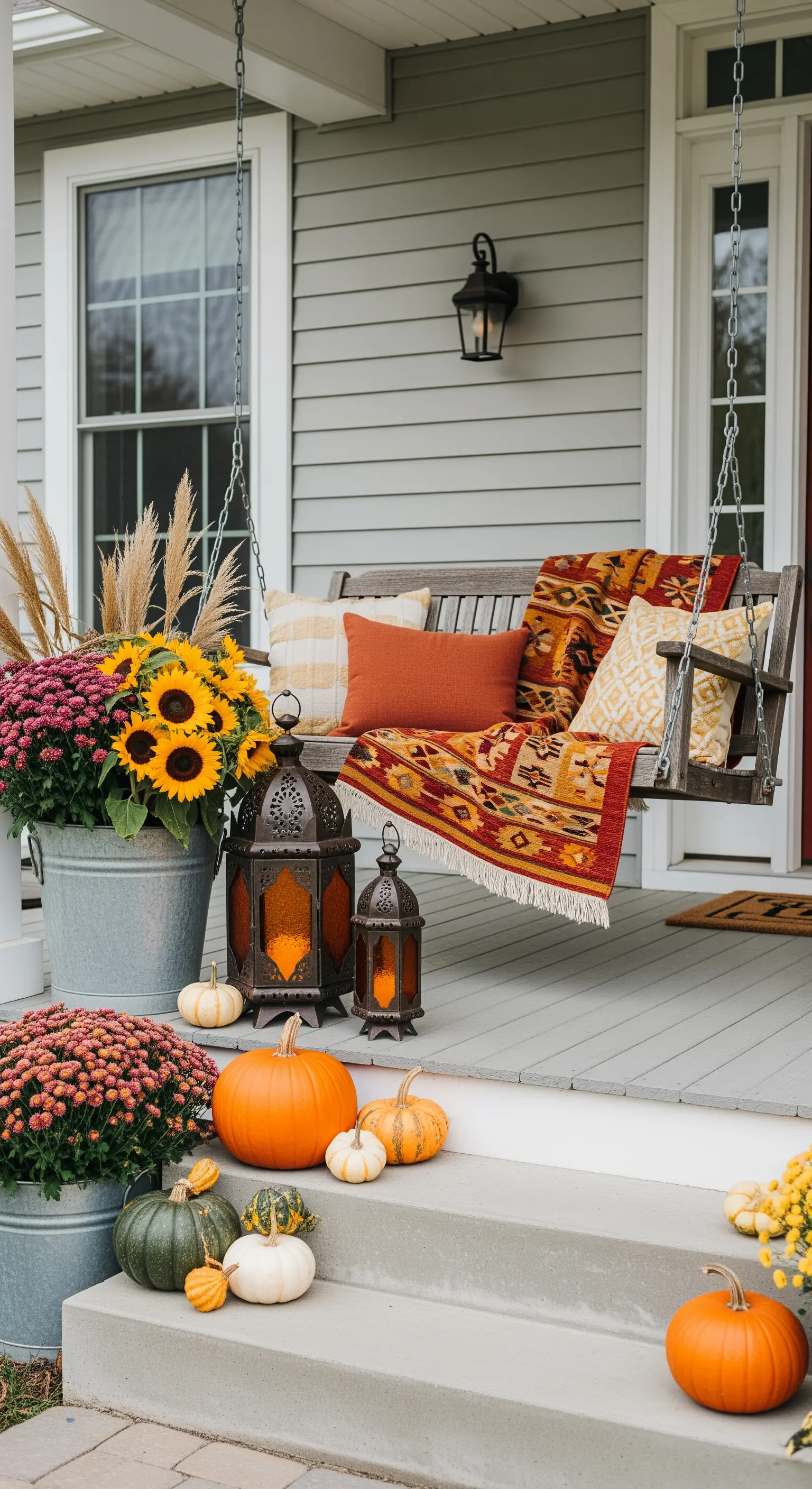 Portico autunnale con dondolo, coperta kilim, zucche e crisantemi in vasi di latta.