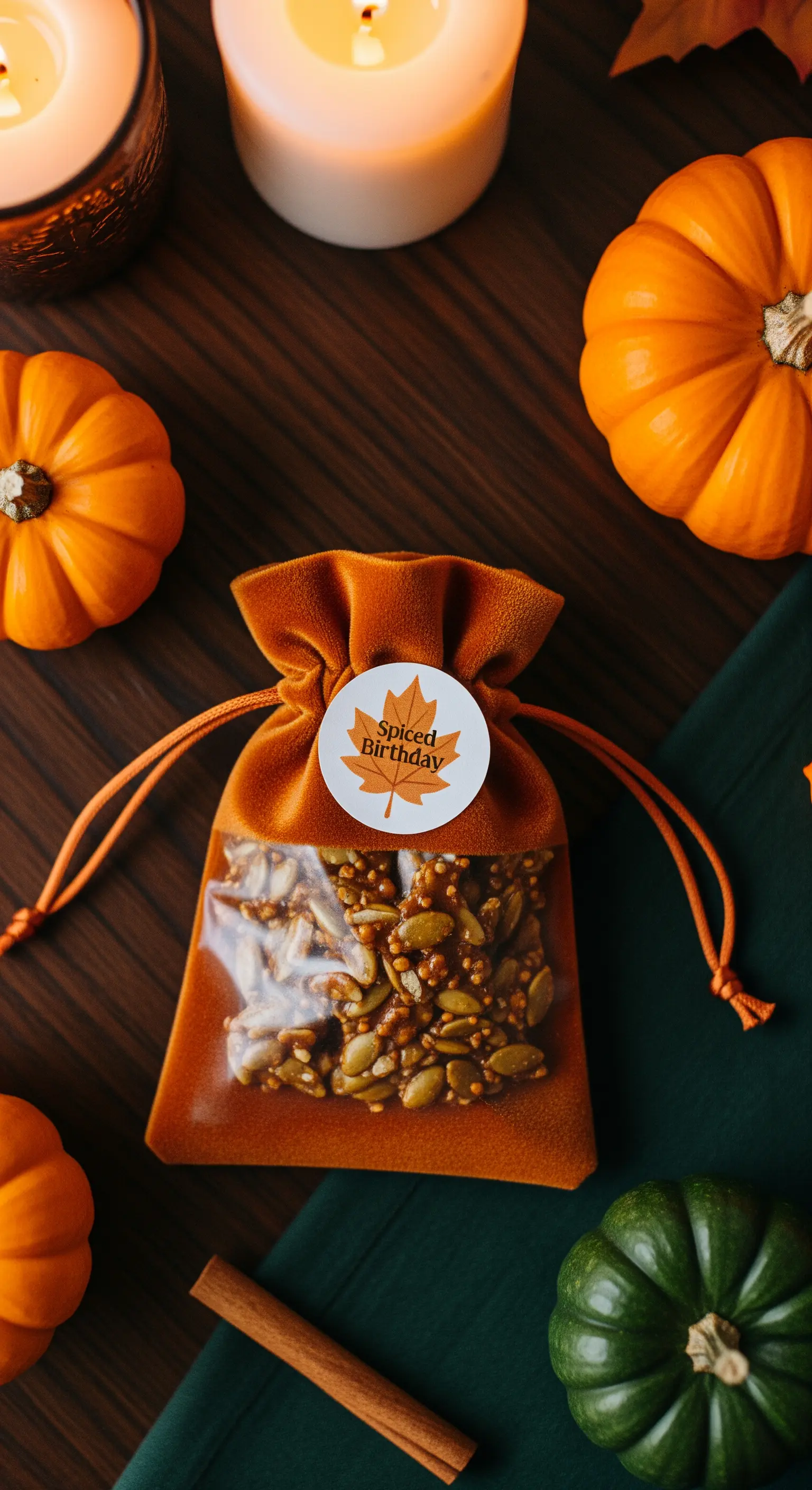 Sacchetto in velluto arancione con semi di zucca caramellati e un adesivo a tema autunnale.