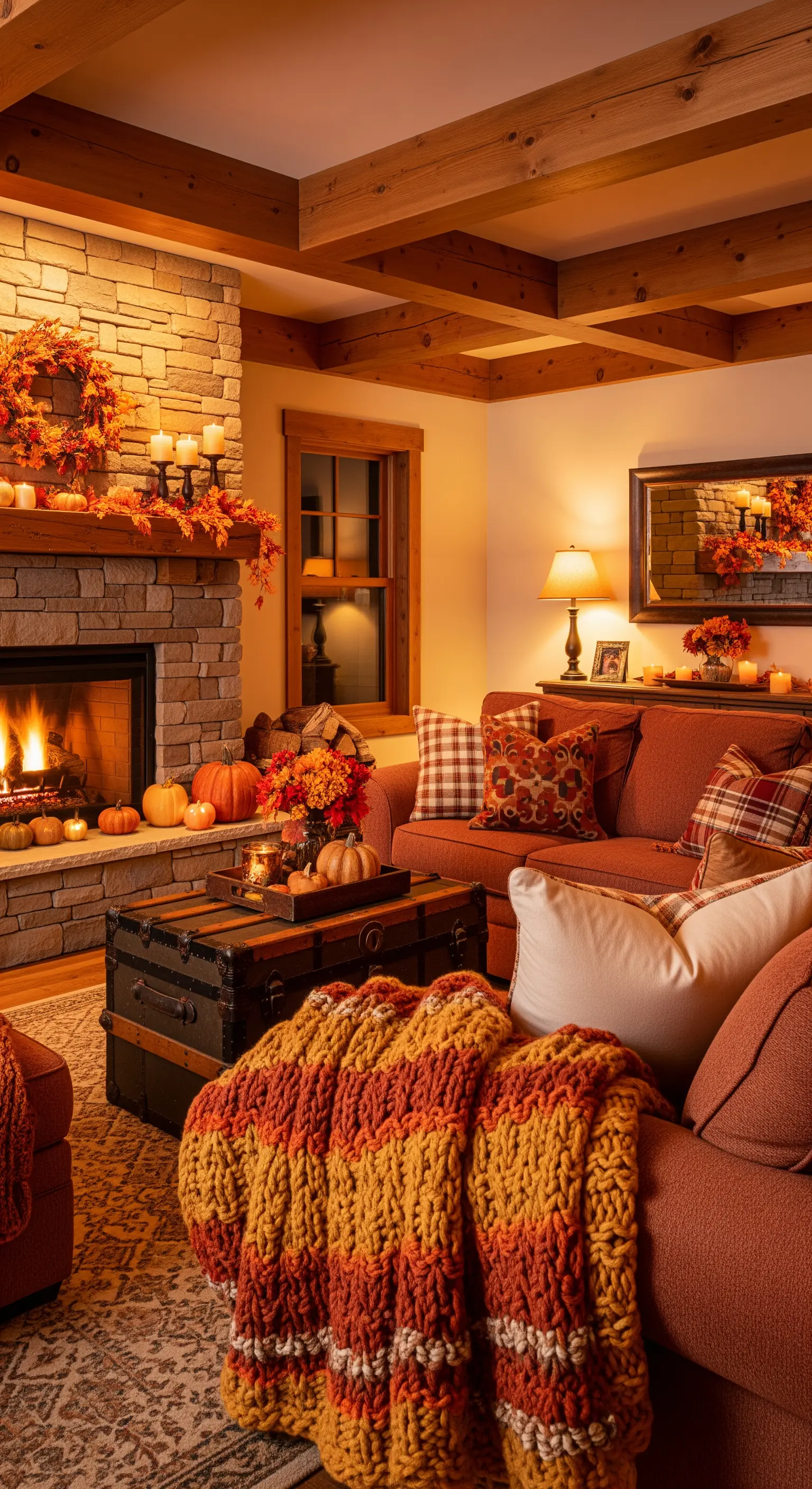 Soggiorno rustico decorato per l'autunno con zucche, coperte e colori caldi