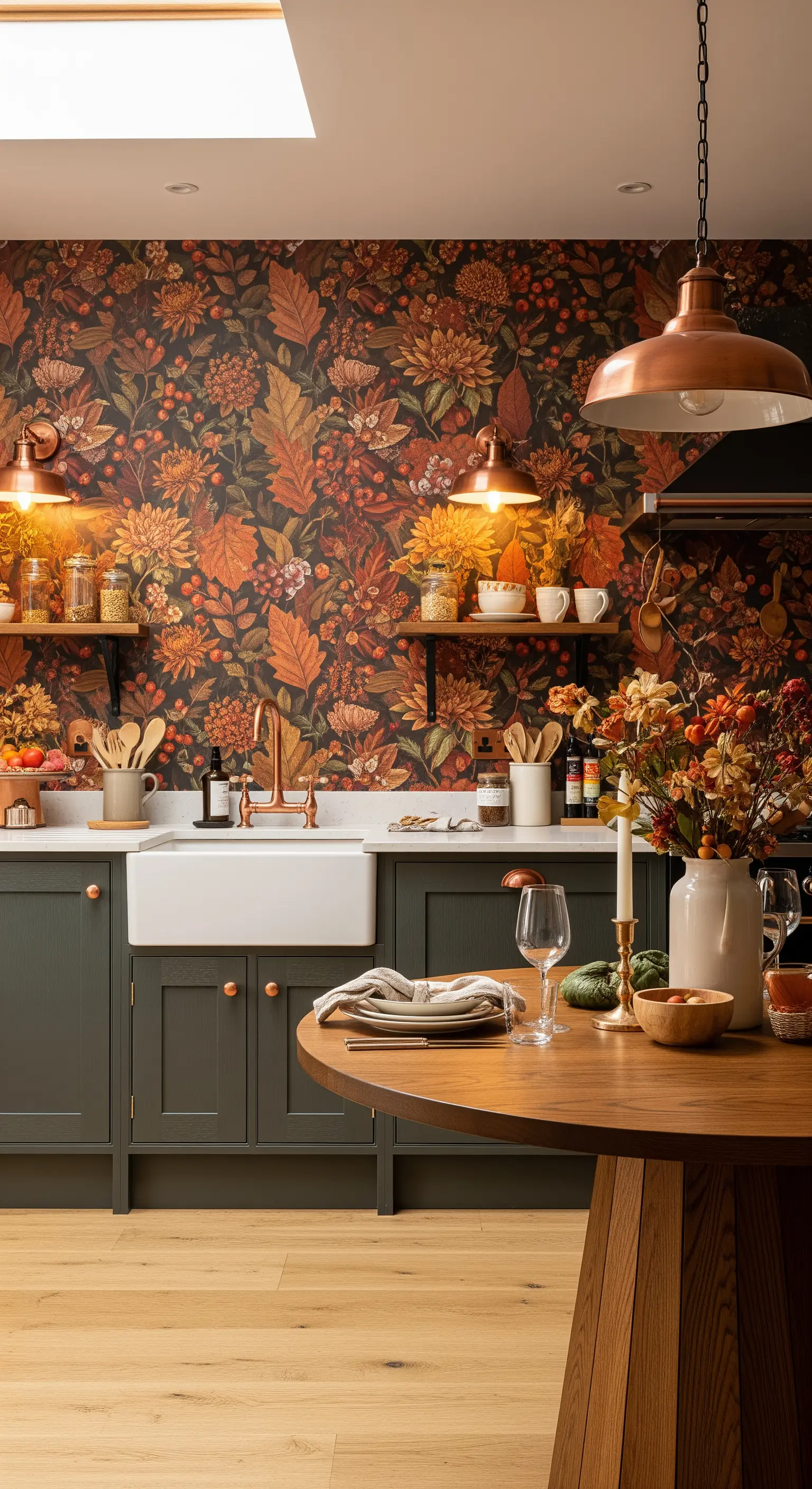Cucina con carta da parati a tema autunnale, mobili verde scuro e lampade in rame.