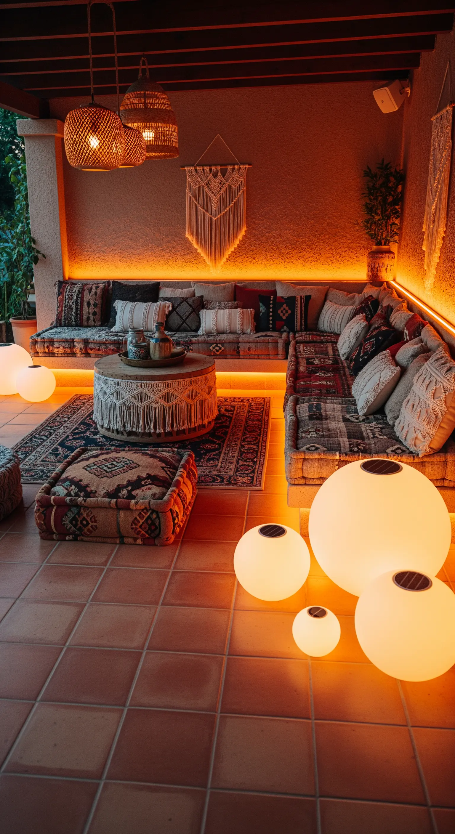 Salotto esterno in stile boho con cuscini etnici, lampade sferiche e strisce LED color ambra.