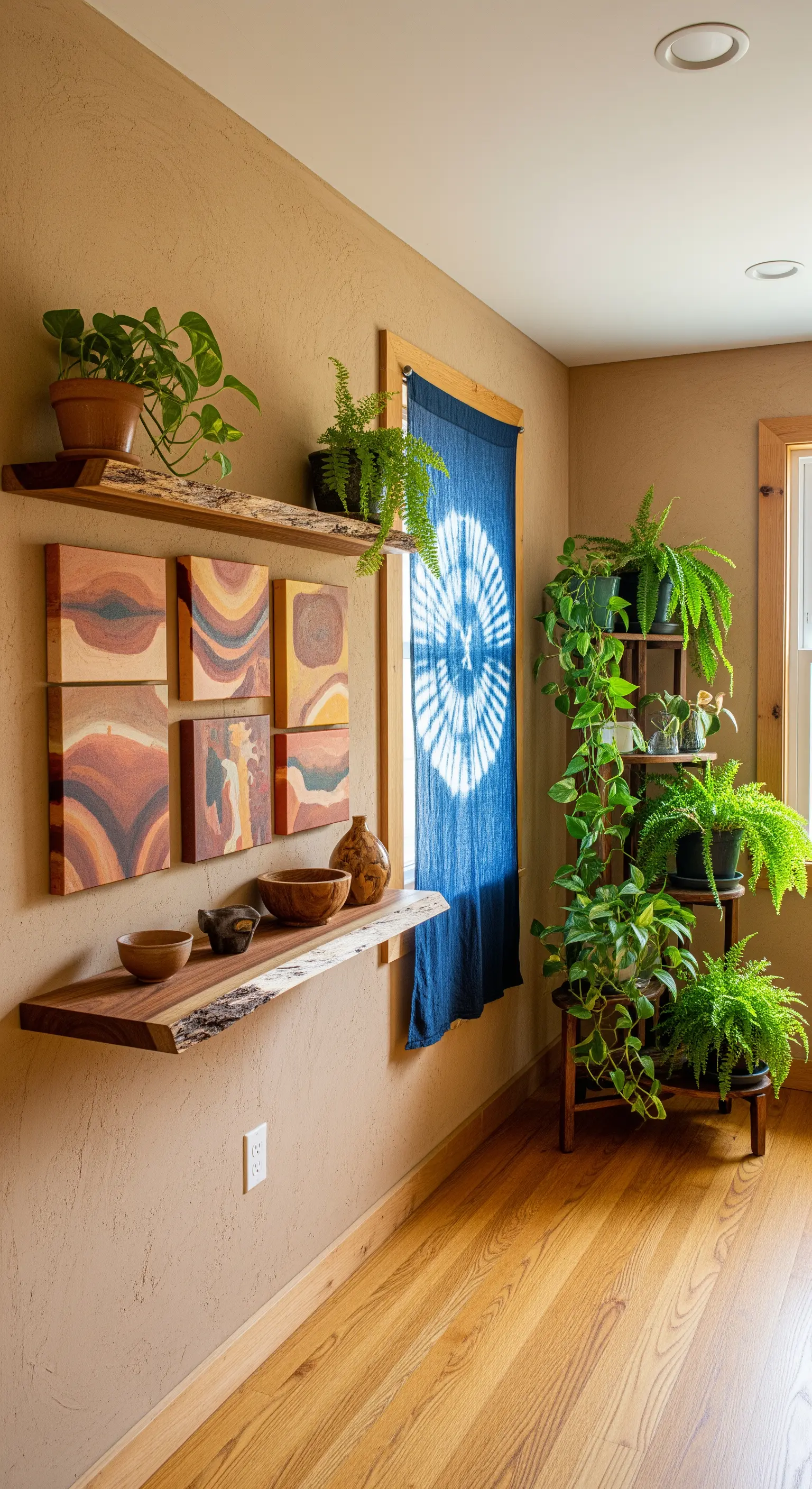 Angolo cucina con mensole in legno grezzo, un tessuto shibori come tenda e molte piante.