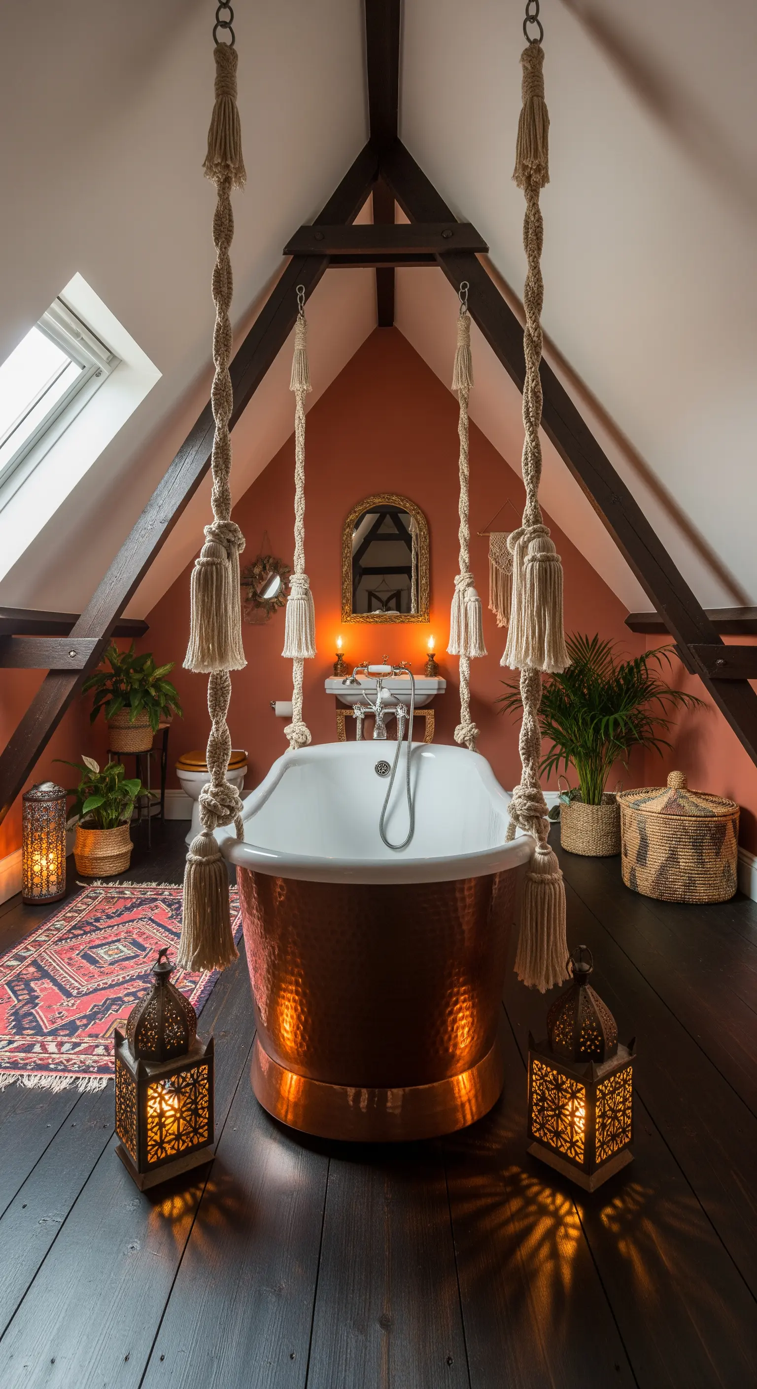 Vasca in rame in una mansarda bohémien, sospesa con corde macramè e circondata da lanterne.