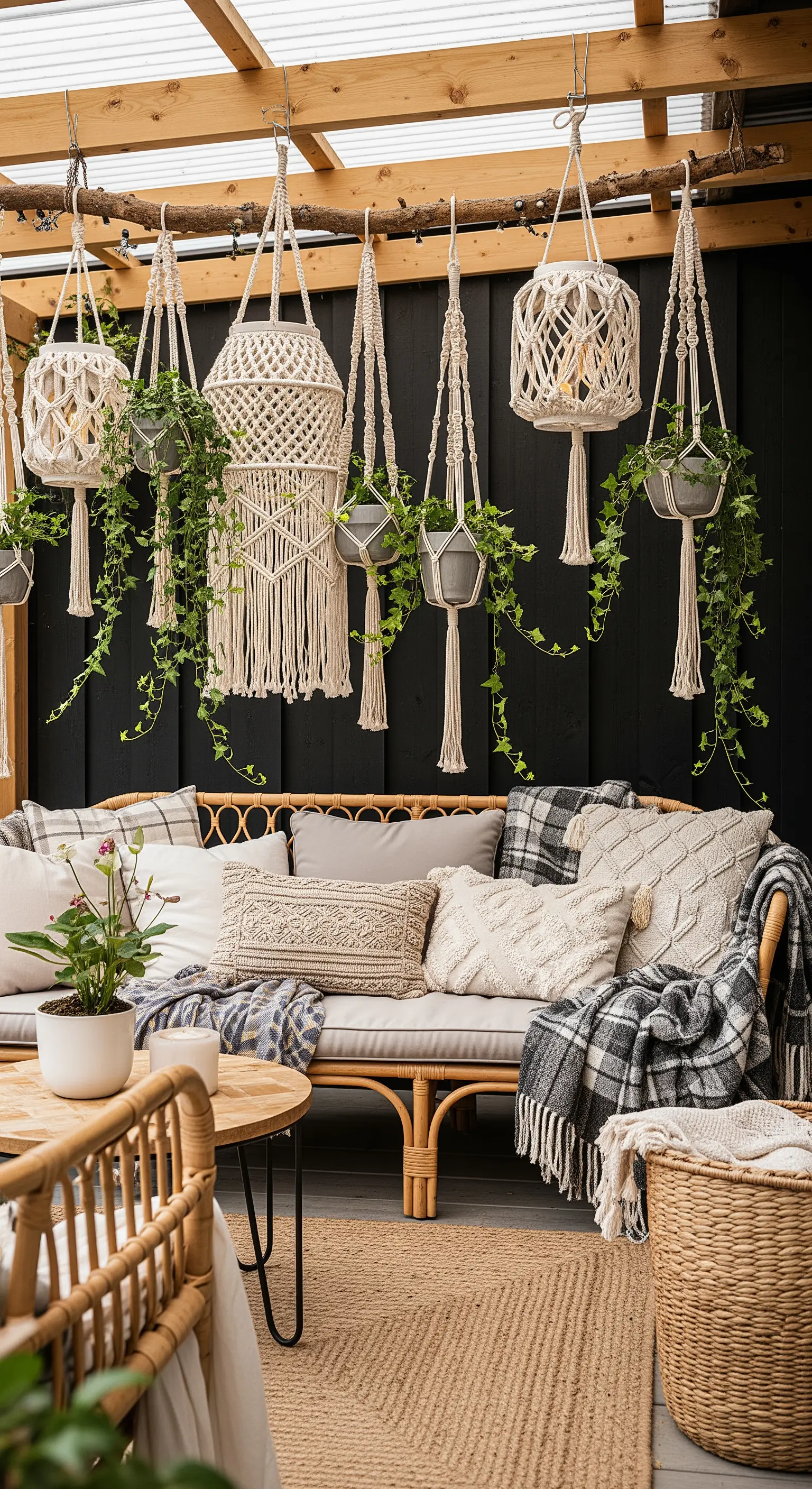 Patio in stile bohémien con divano in rattan, tappeto in juta e portavasi in macramè appesi.