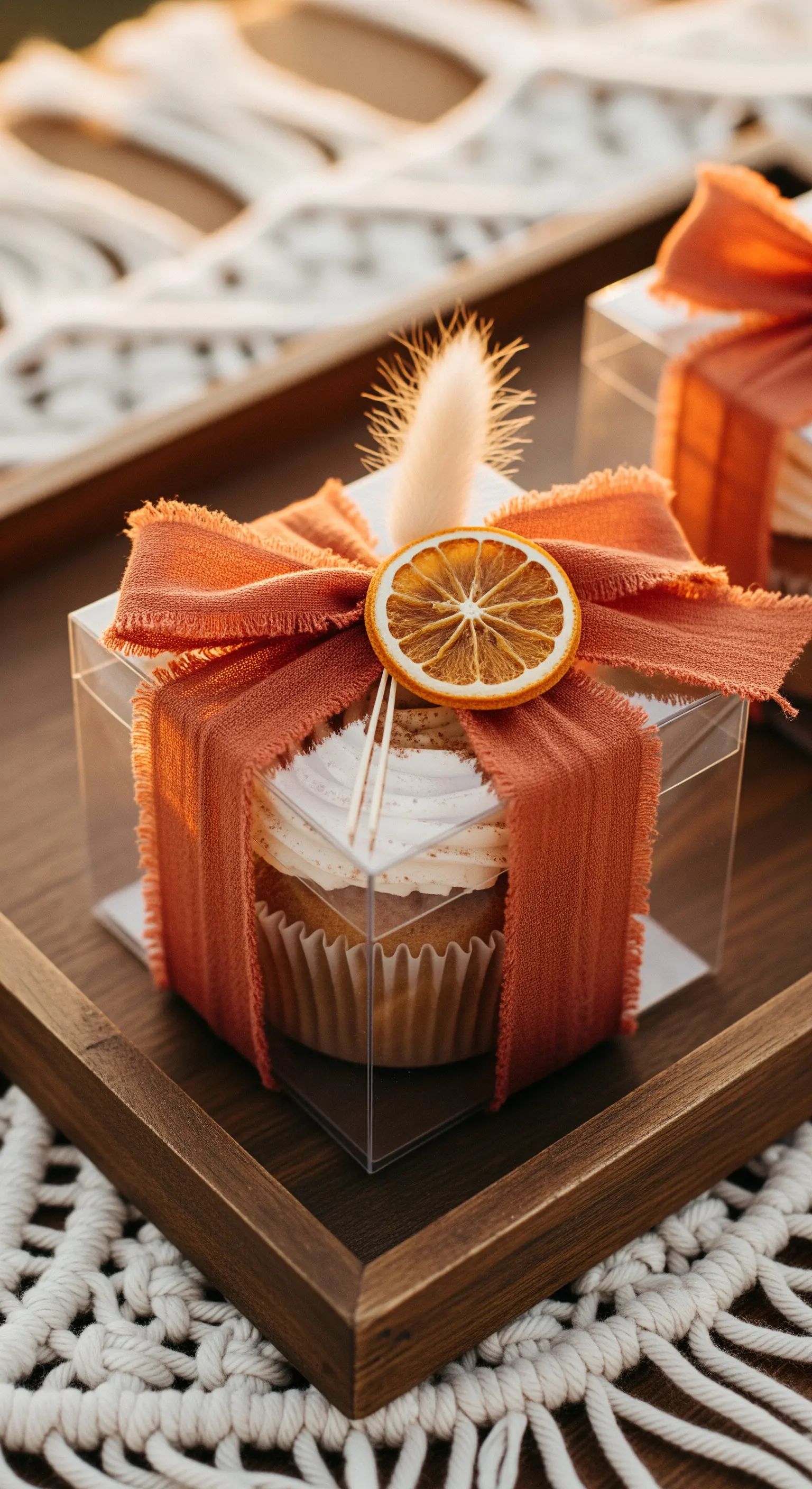 Cupcake in scatola trasparente con nastro terracotta sfrangiato e arancia essiccata.