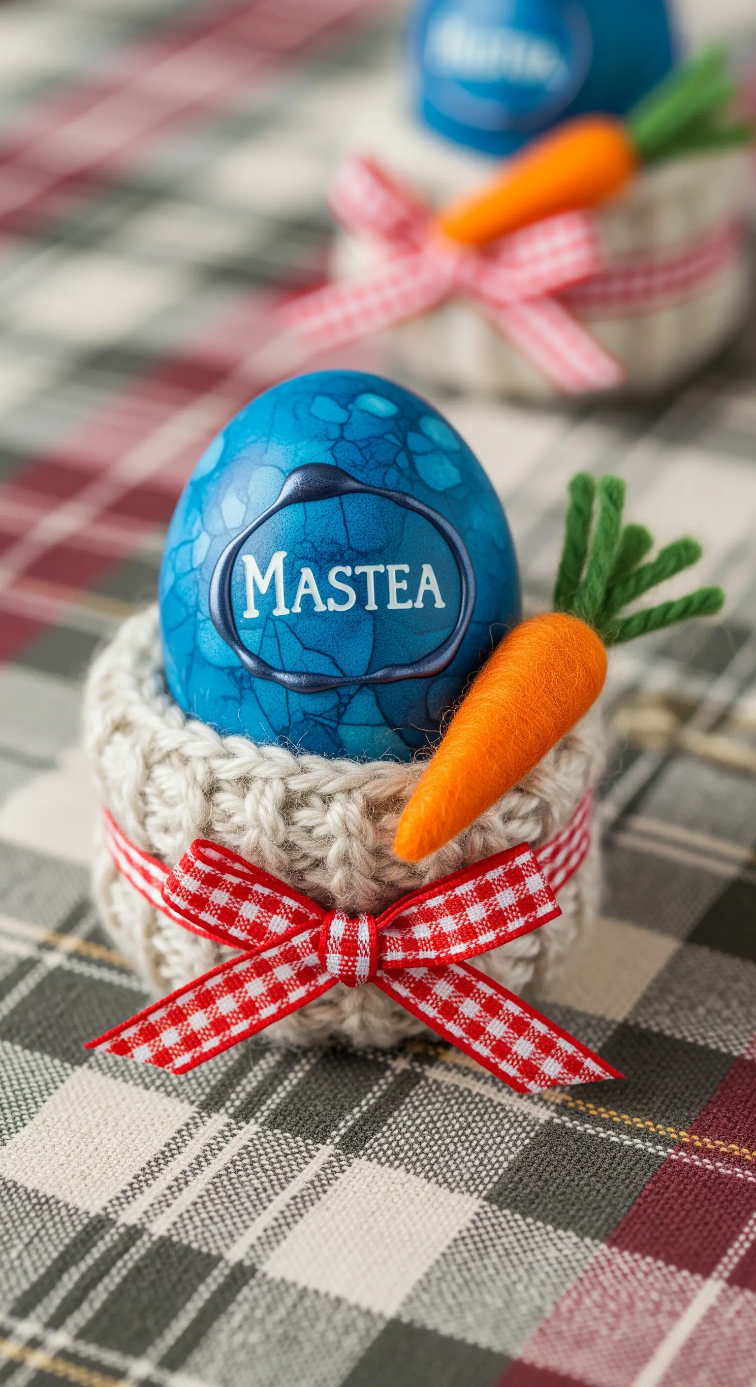 Segnaposto con uovo blu in un cestino a maglia e fiocco a quadretti rossi.