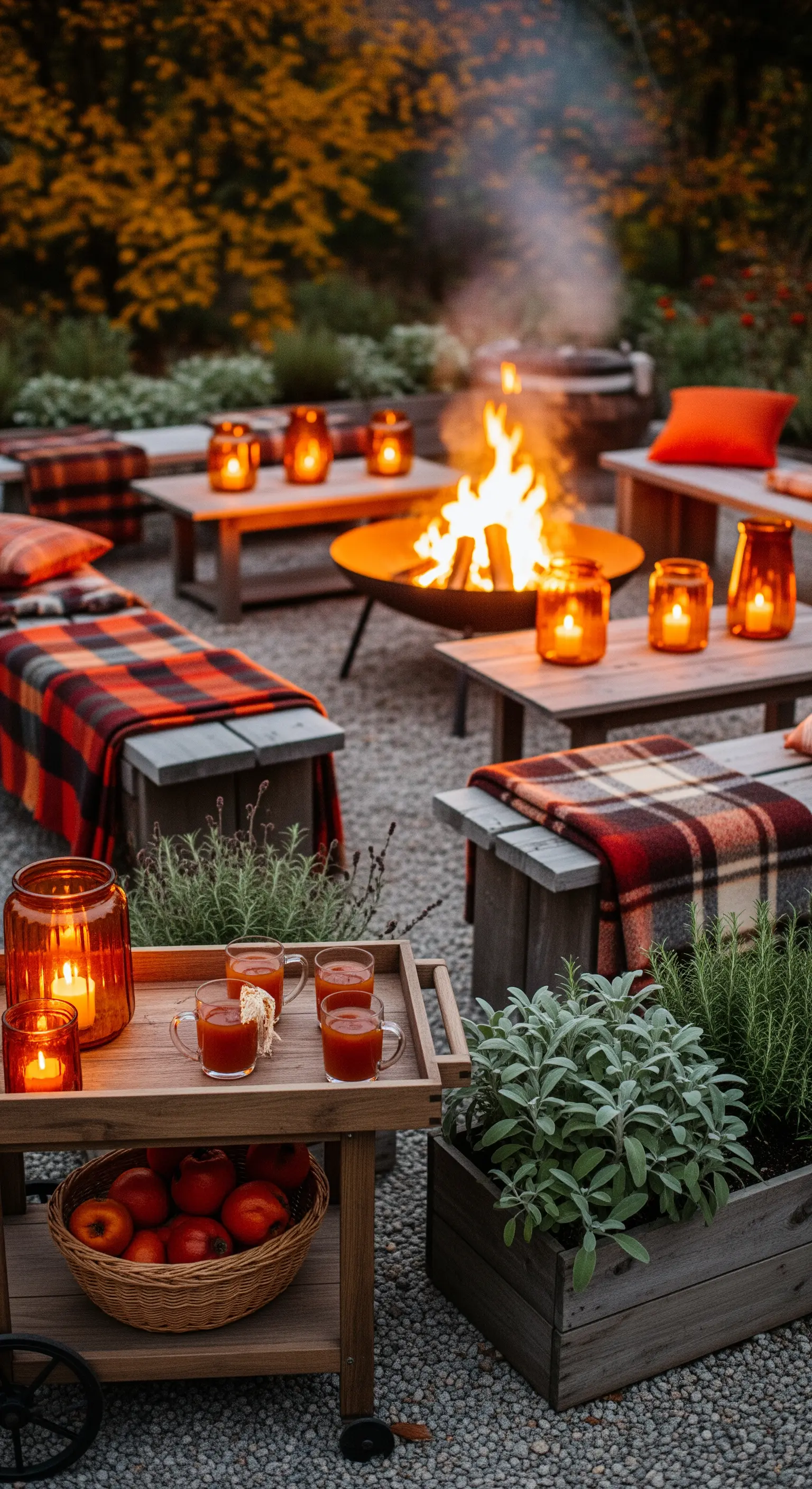 Serata autunnale attorno a un braciere, con panche coperte da plaid in tartan.