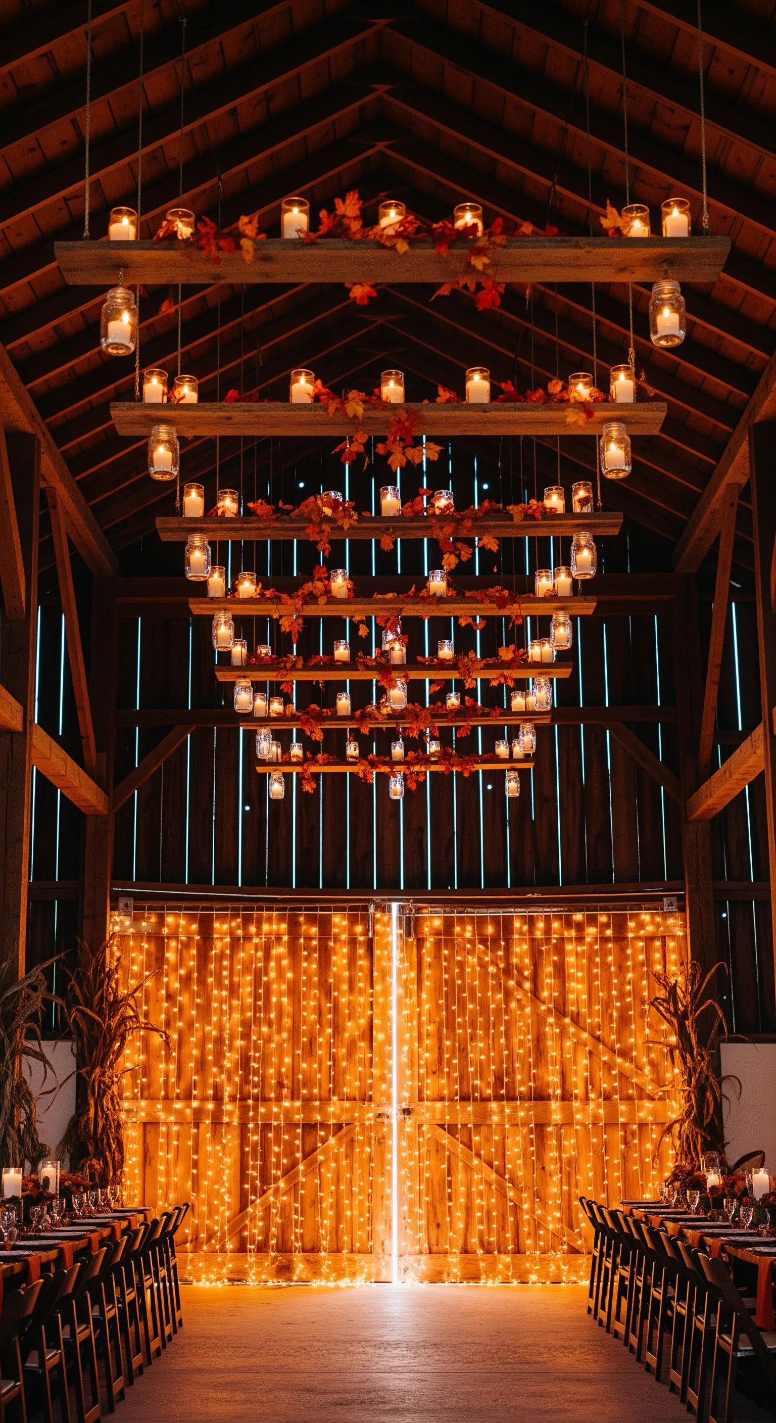 Fienile con travi sospese decorate con foglie autunnali e candele in barattolo di vetro.