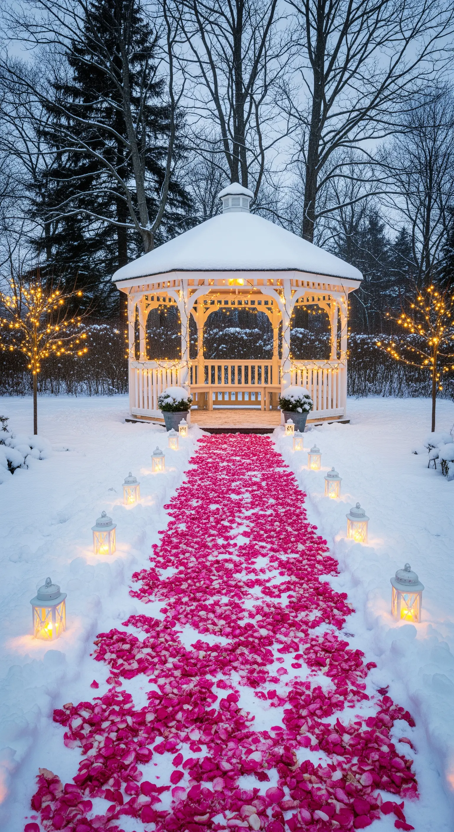 Gazebo in legno illuminato nella neve, con sentiero di petali rosa acceso e lanterne.