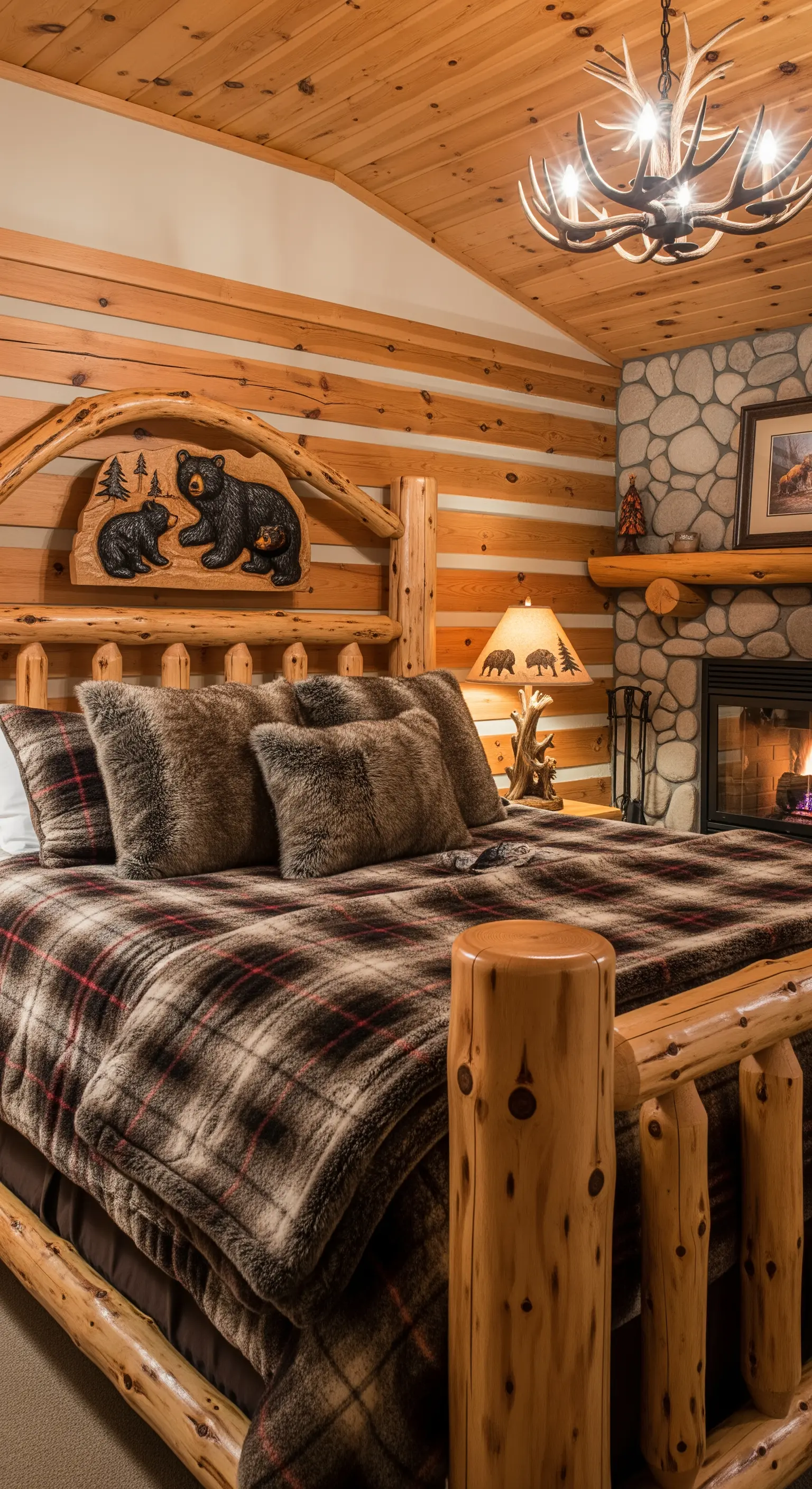 Letto in tronchi di legno in stile baita con una testiera intagliata con due orsi.