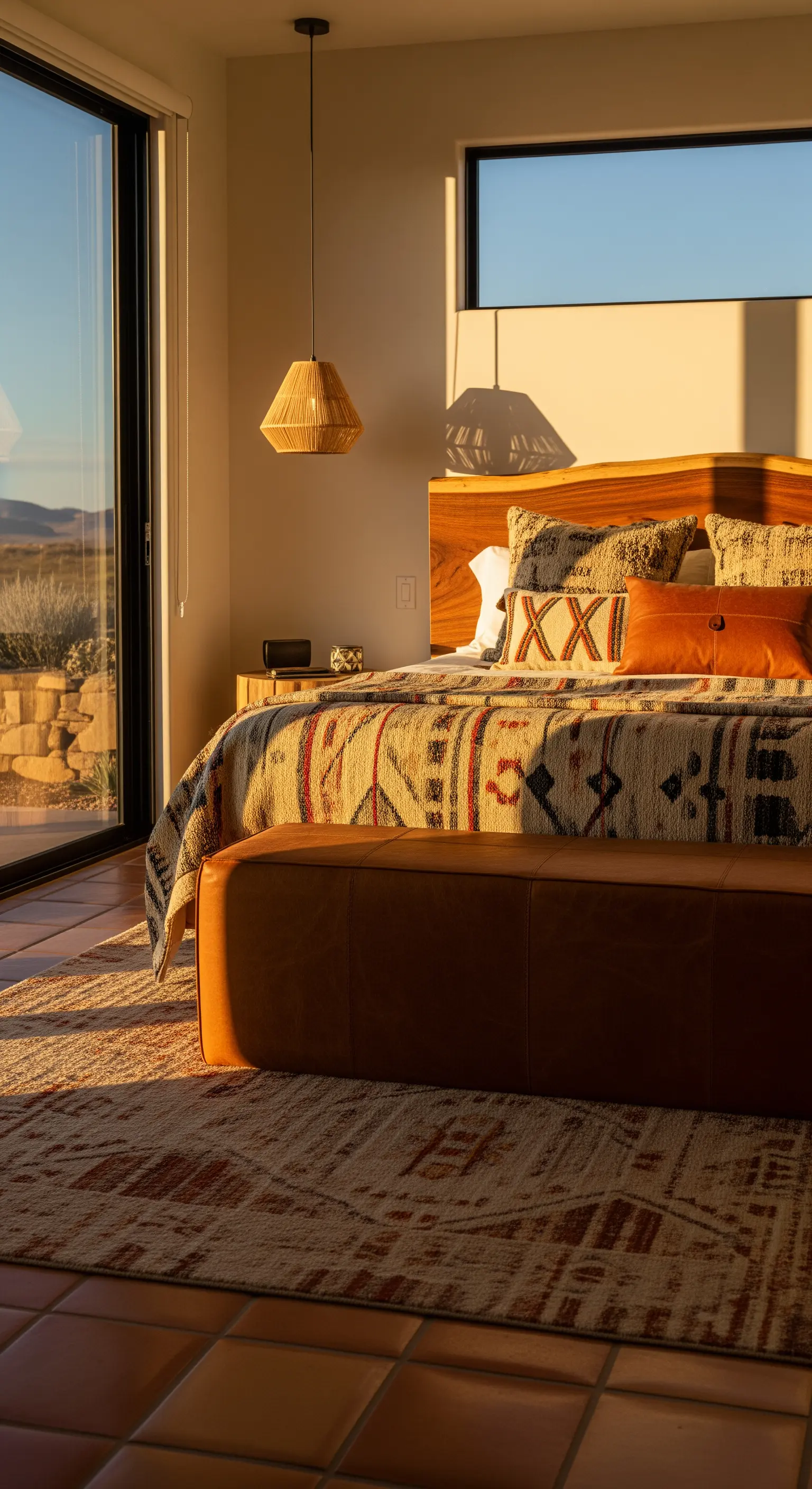 Camera da letto in stile desert-modern con letto in legno e tessuti etnici, illuminata dalla luce del tramonto.