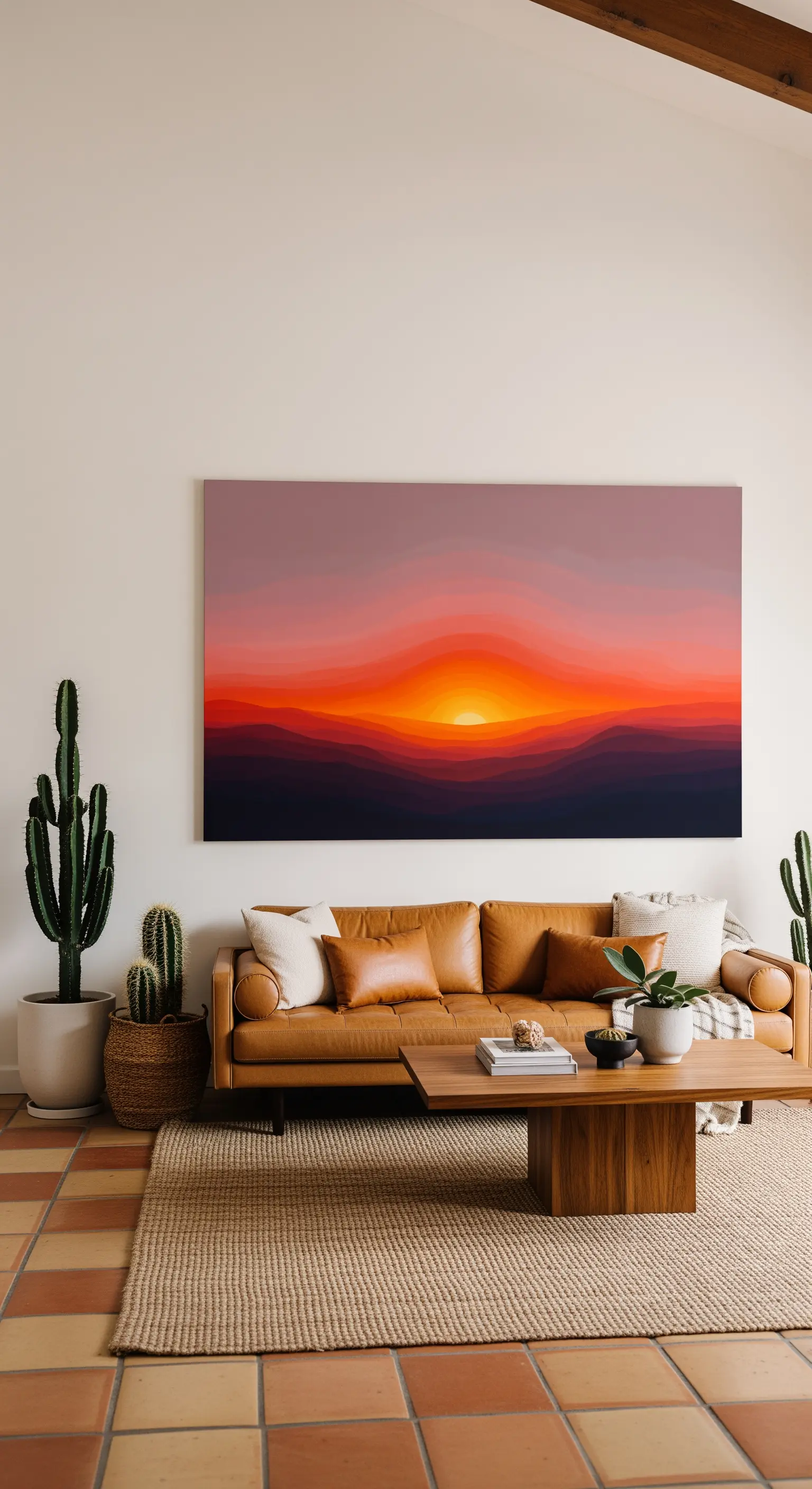 Quadro grafico di un tramonto nel deserto sopra un divano in pelle color cuoio.