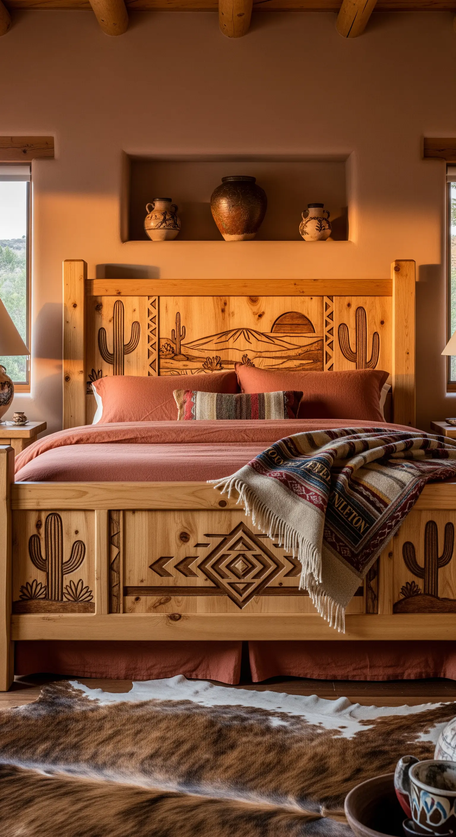 Letto in pino massiccio con intagli di cactus e paesaggi desertici in stile Southwestern.
