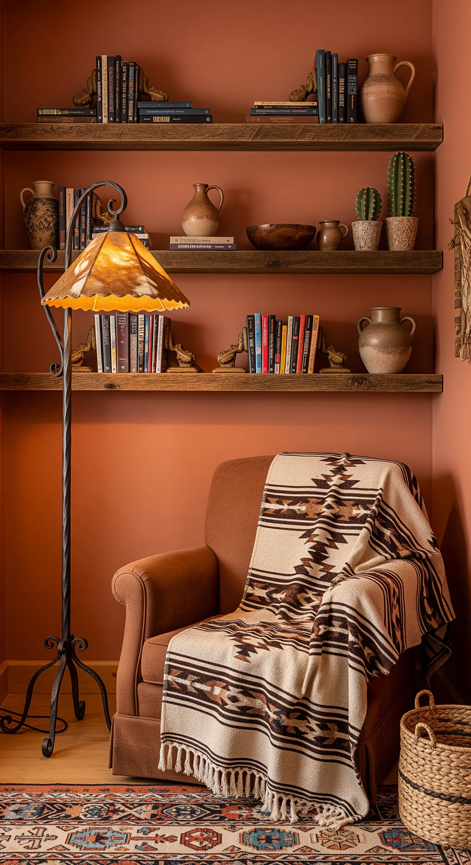 Angolo lettura in stile Southwestern con pareti color terracotta e coperta a motivi etnici.