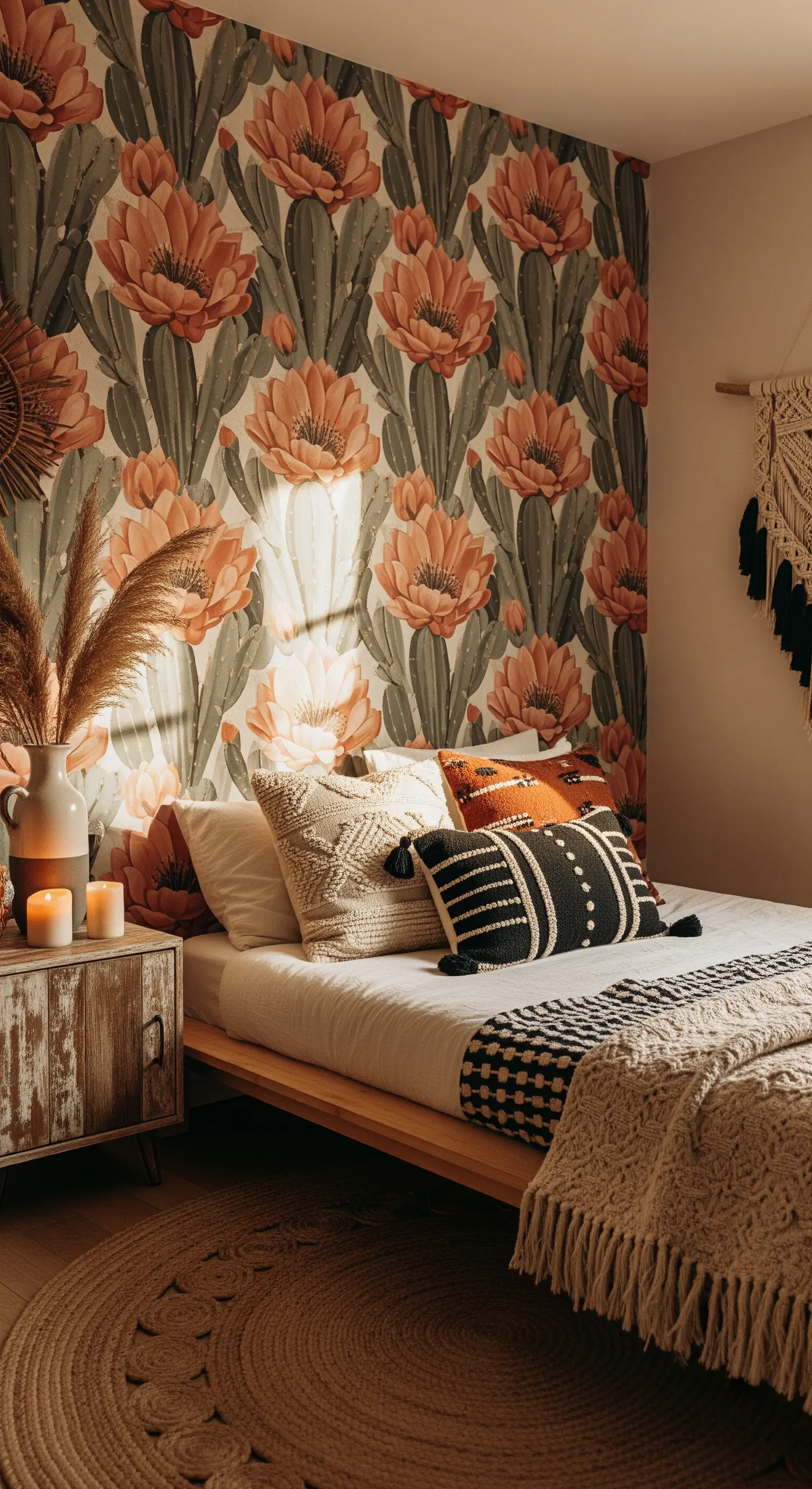 Carta da parati con fiori di cactus in una camera da letto in stile bohémien con cuscini testurizzati.