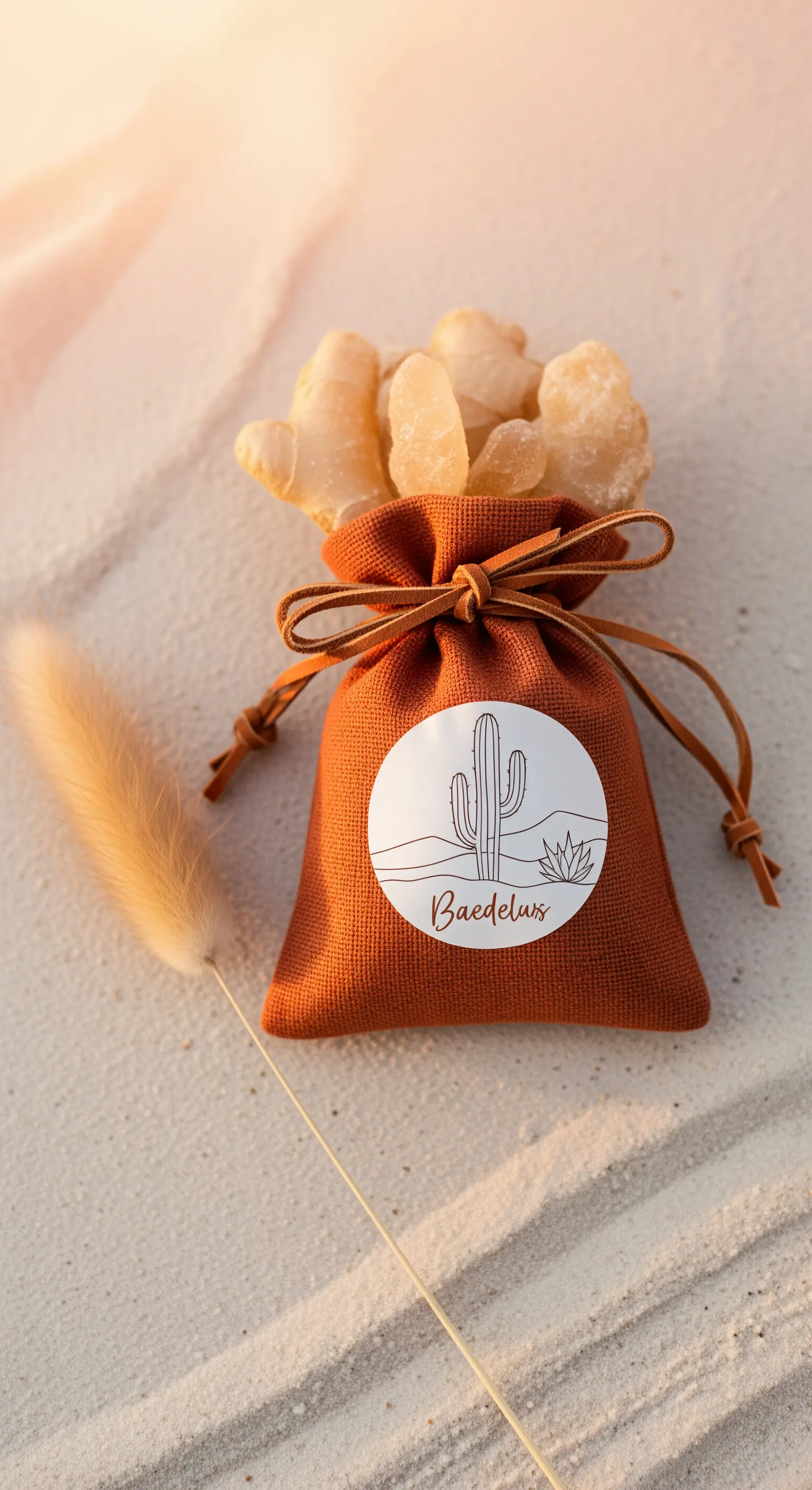 Sacchetto color terracotta con zenzero candito e un adesivo a tema cactus.
