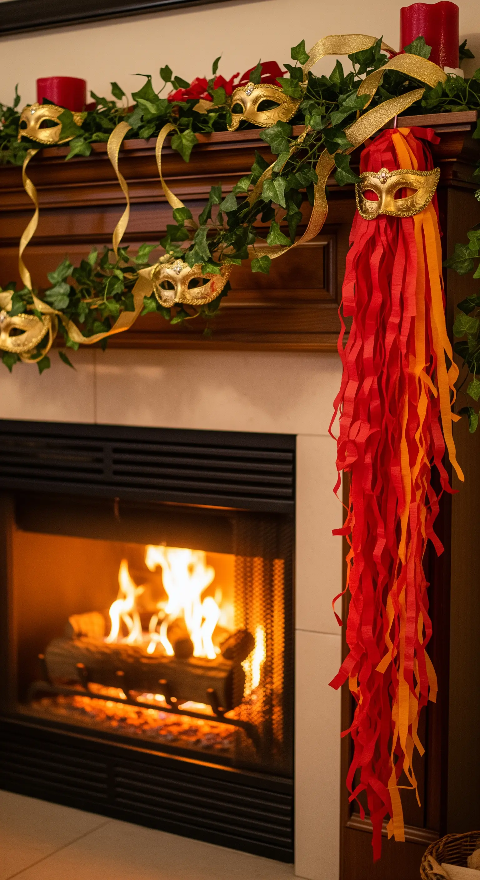 Camino decorato con ghirlanda di edera, maschere dorate e nastri colorati.
