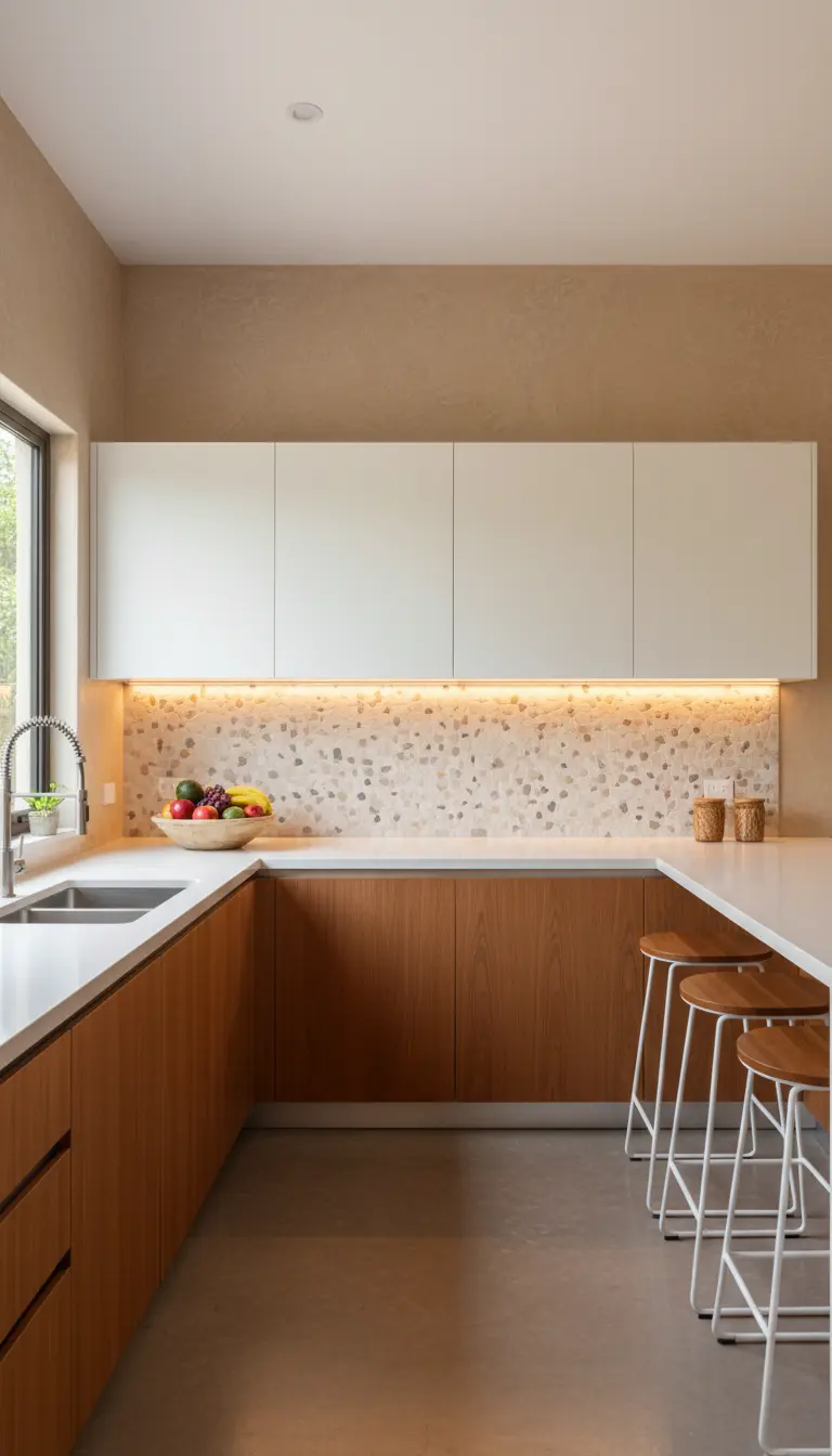 Cucina con pensili bianchi, basi in legno e paraschizzi in terrazzo illuminato da luce LED.