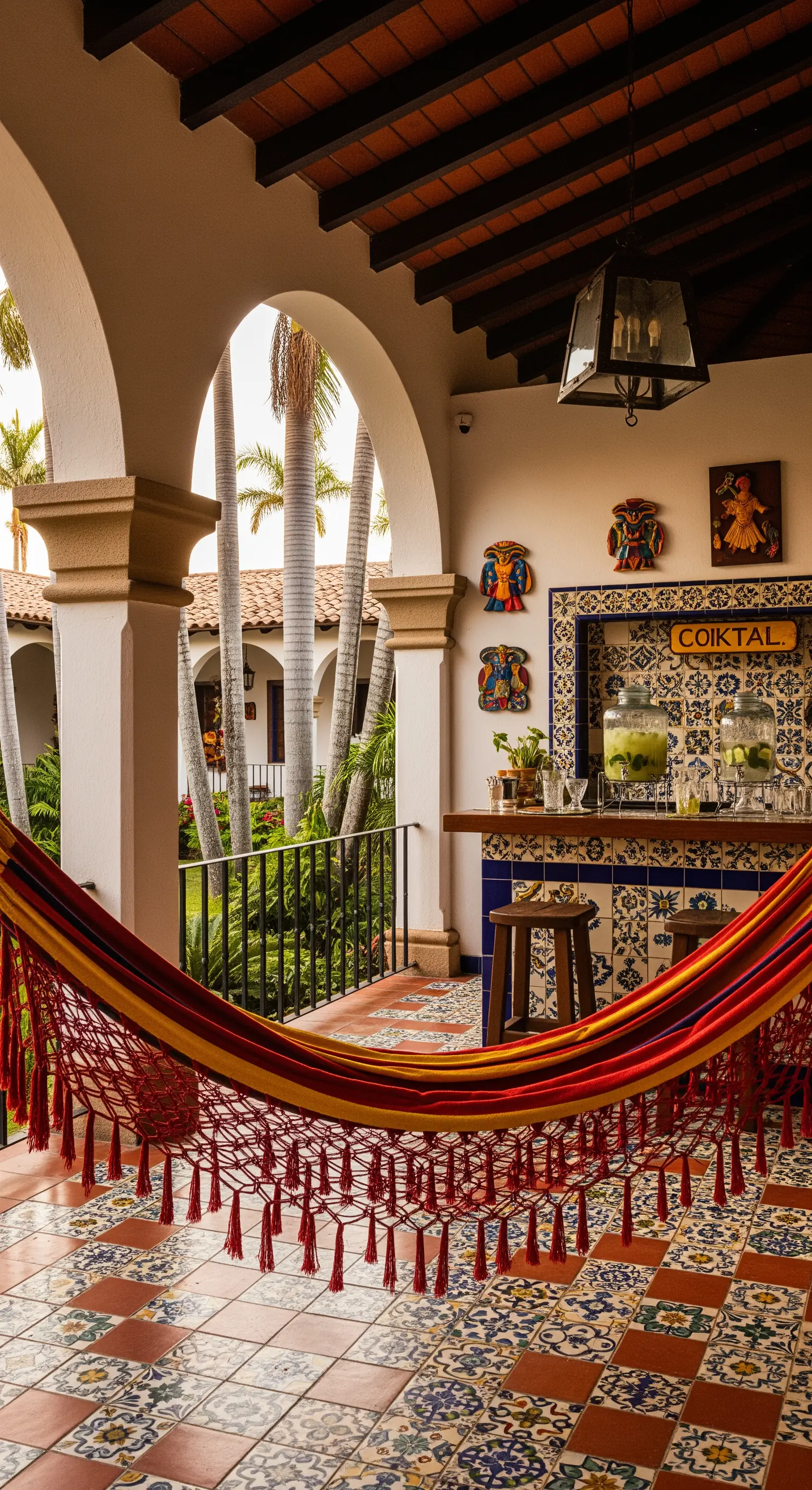 Patio in stile hacienda con archi, pavimento in piastrelle decorate e amaca colorata