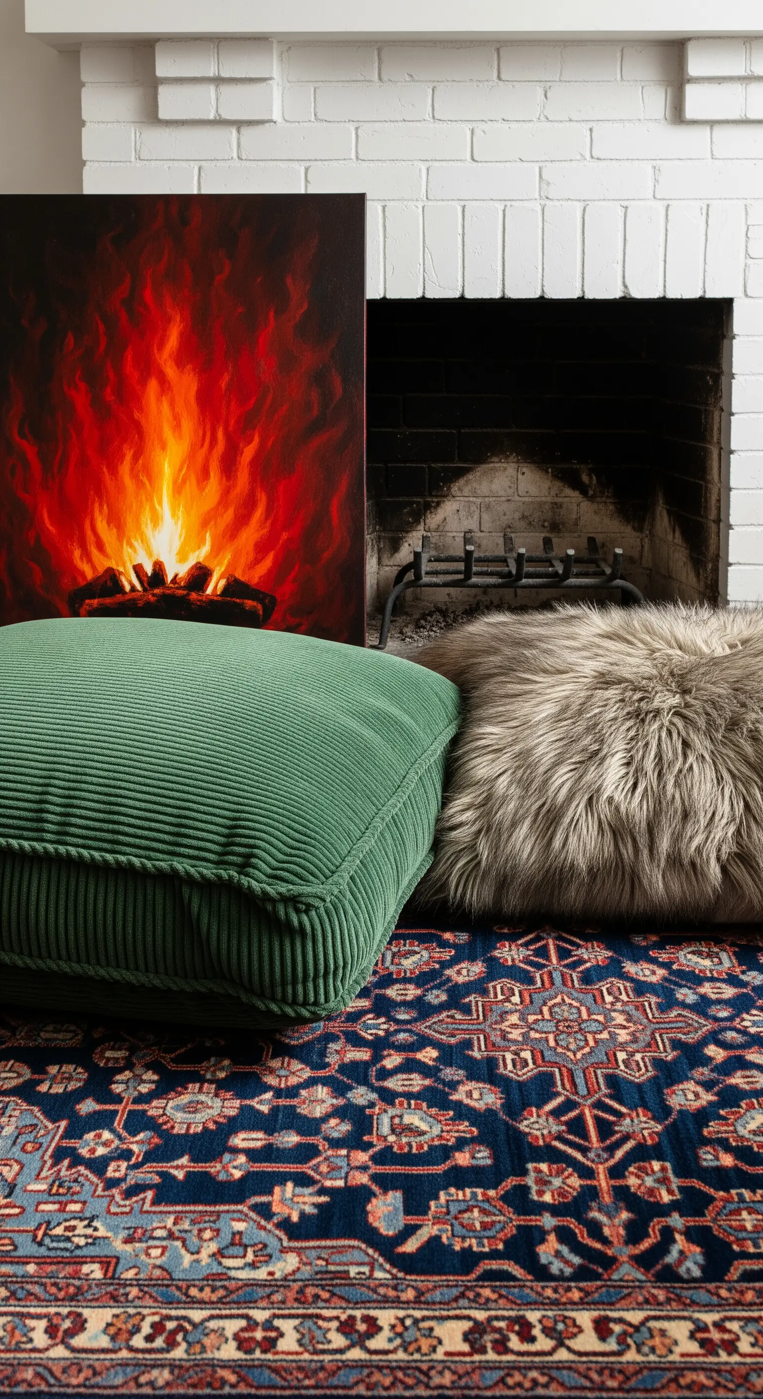 Cuscini in velluto verde e pelliccia sintetica davanti a un camino con un quadro raffigurante il fuoco.