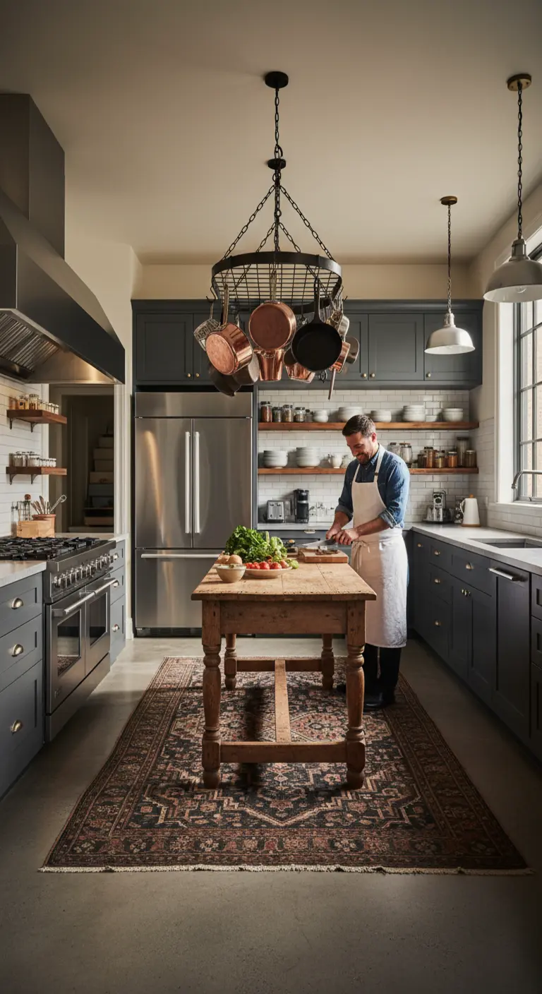 Cucina professionale con mobili scuri, isola in legno e rastrelliera per pentole.