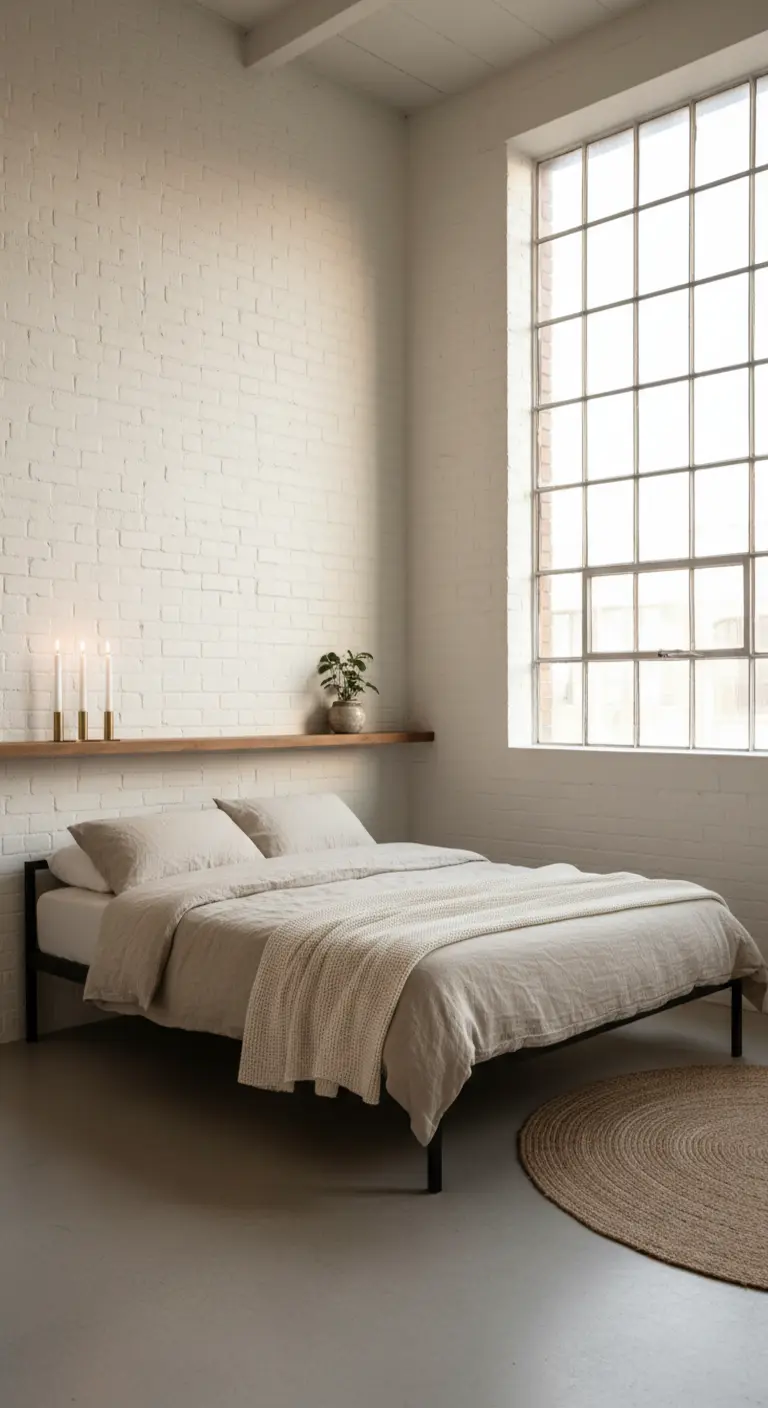 Letto con struttura in metallo nero davanti a una parete di mattoni bianchi e una grande finestra industriale.