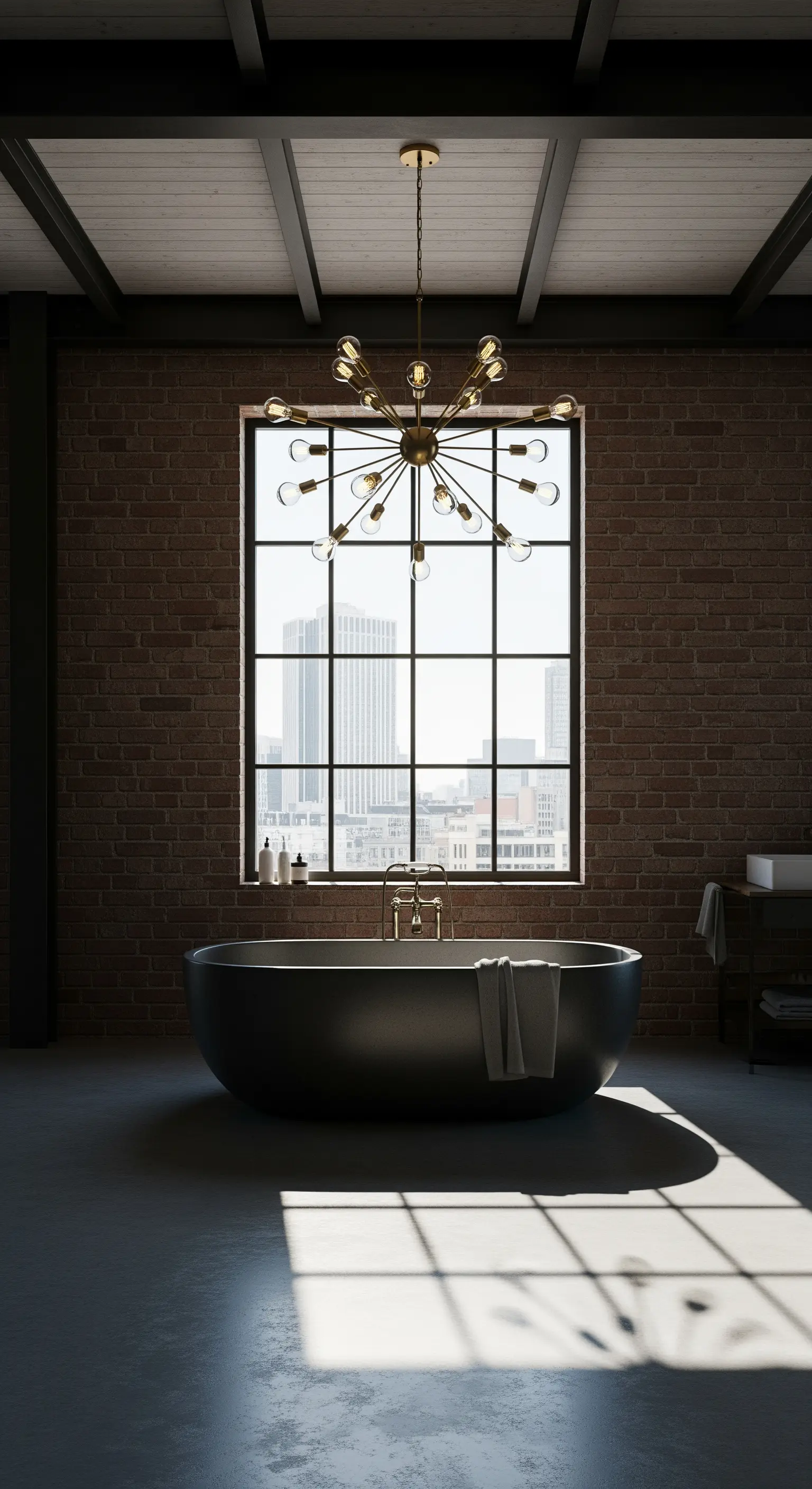 Bagno in stile industriale con parete in mattoni, lampadario Sputnik e vasca freestanding nera.