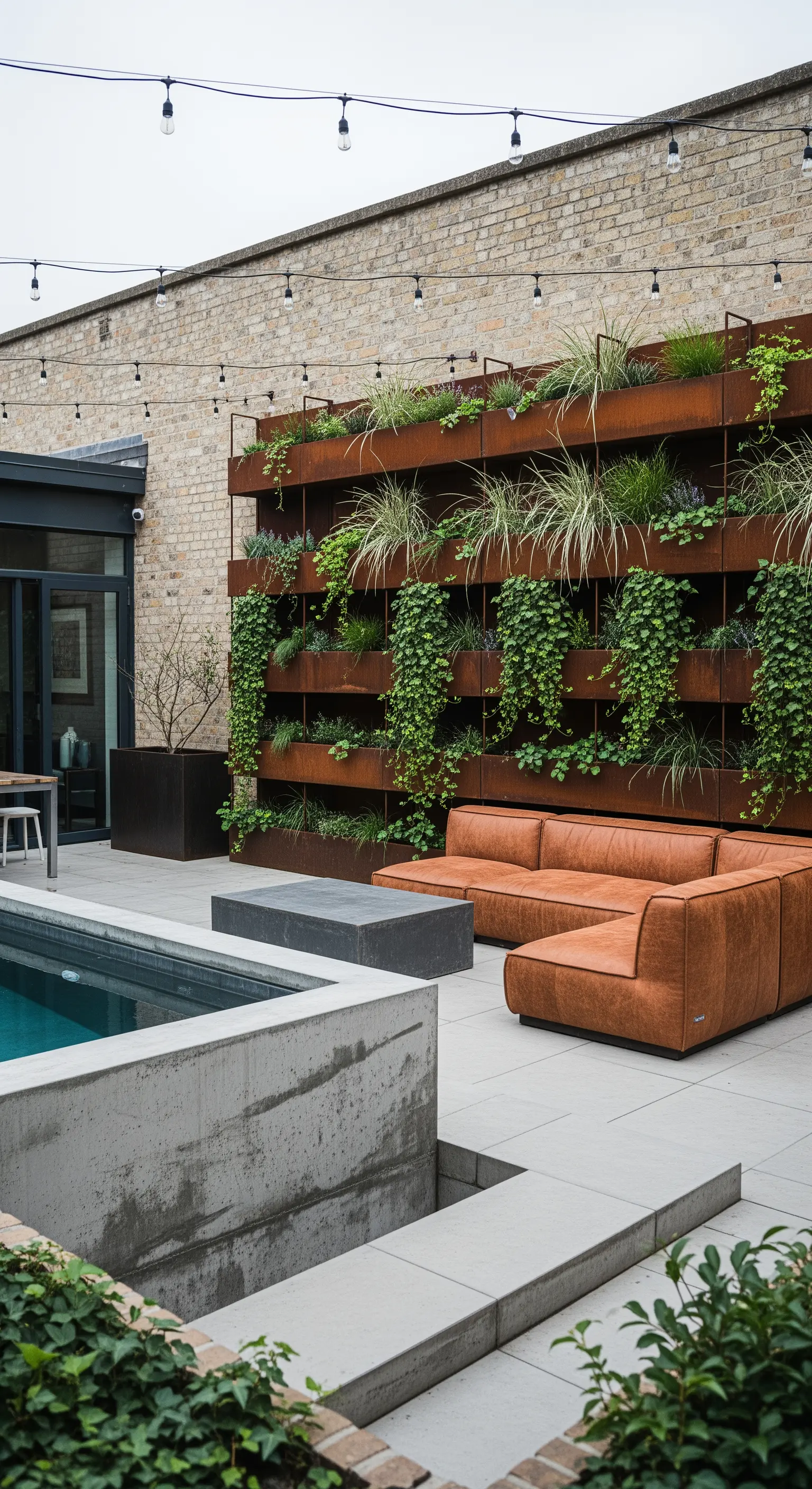 Patio con fioriere verticali in Corten, divano in pelle color cuoio e piscina.