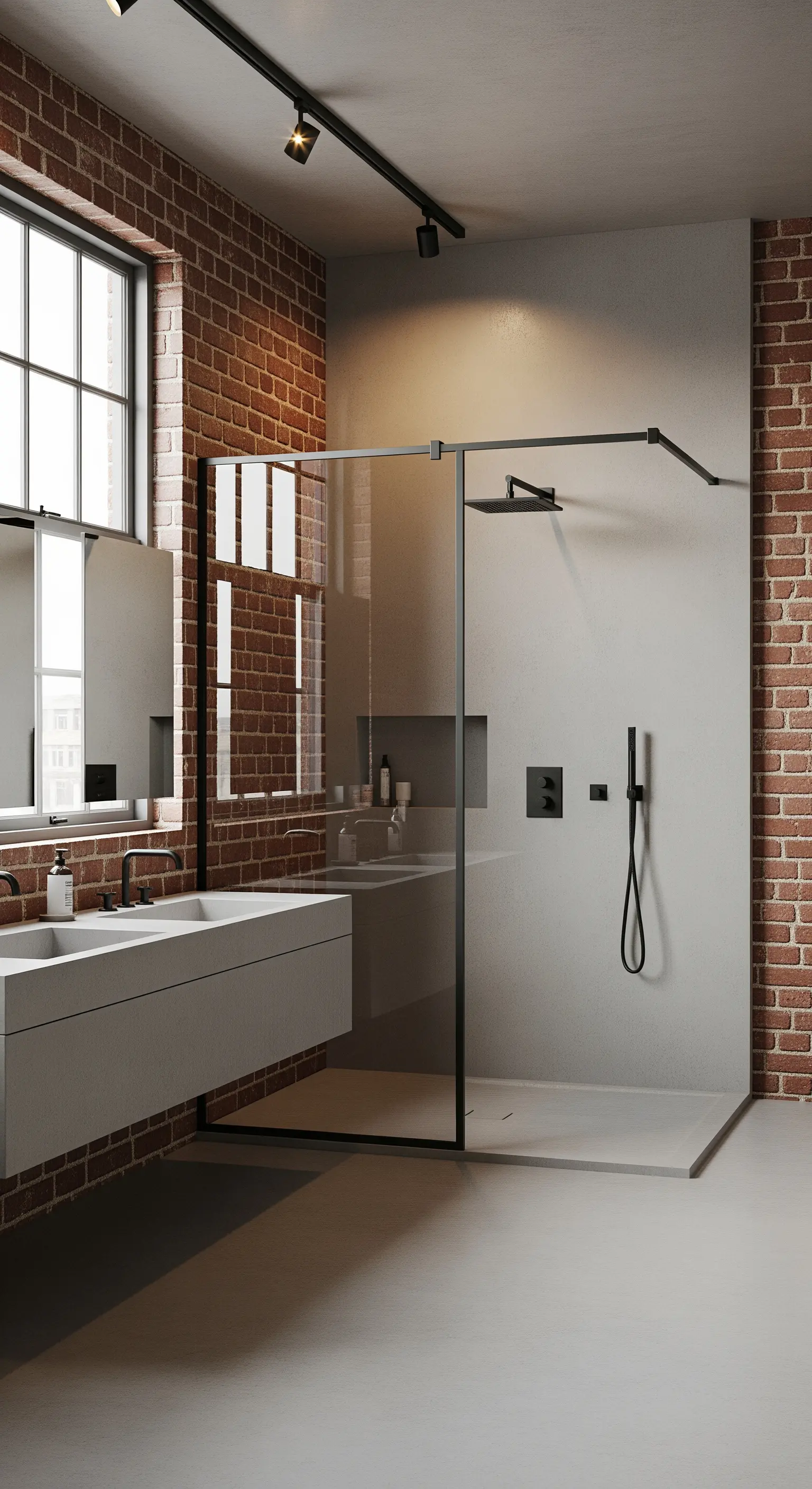 Bagno in stile industrial con parete in mattoni a vista e doccia walk-in in vetro.