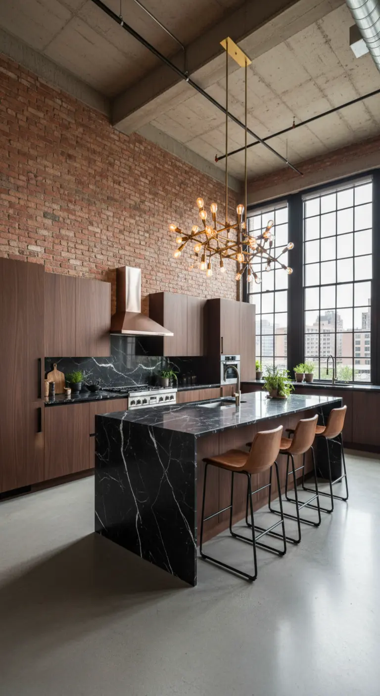 Cucina in stile industriale con parete di mattoni, isola in marmo nero e mobili in legno scuro.