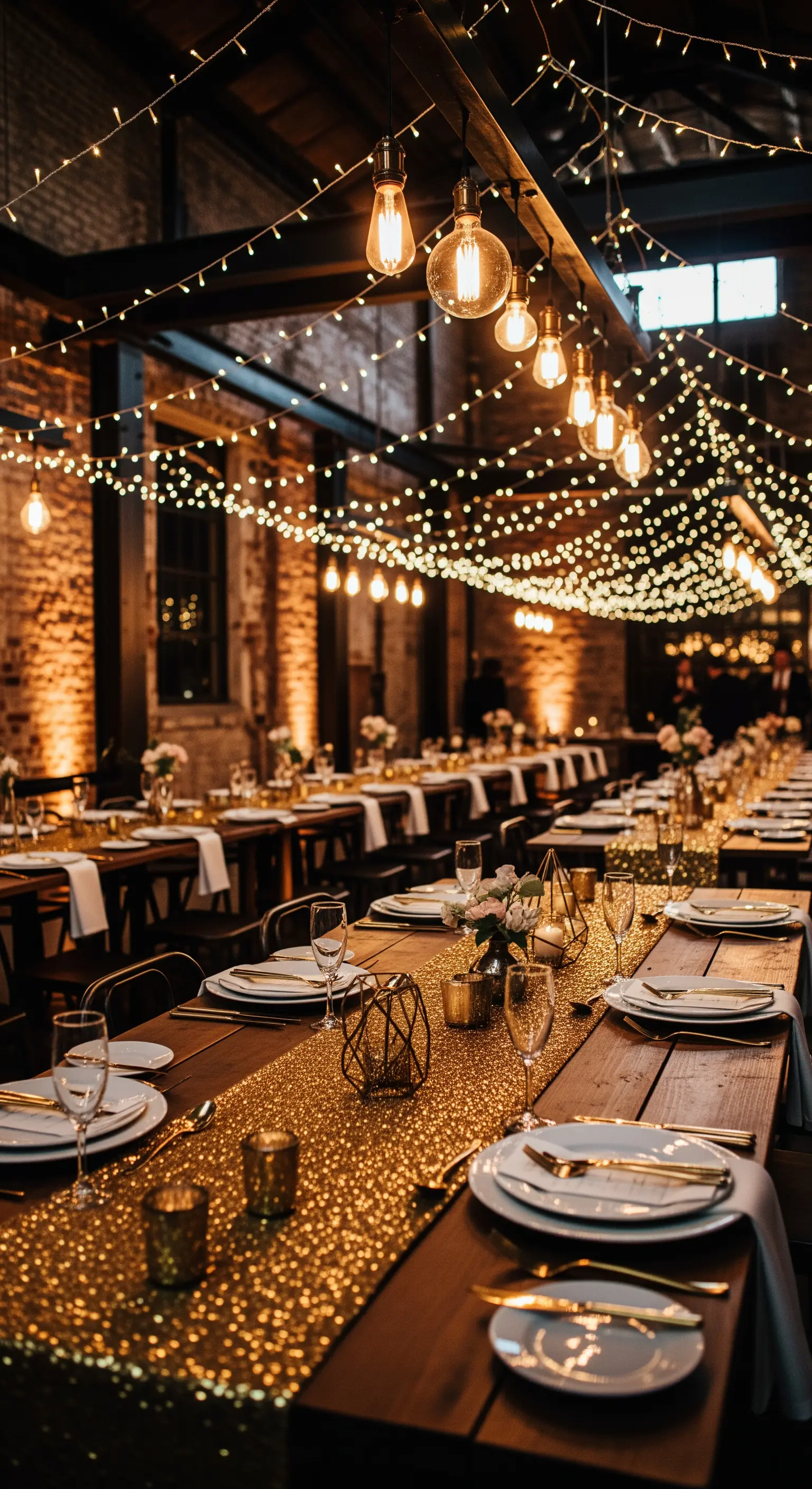 Tavolata in un loft con runner dorato, mattoni a vista e luci calde sospese.