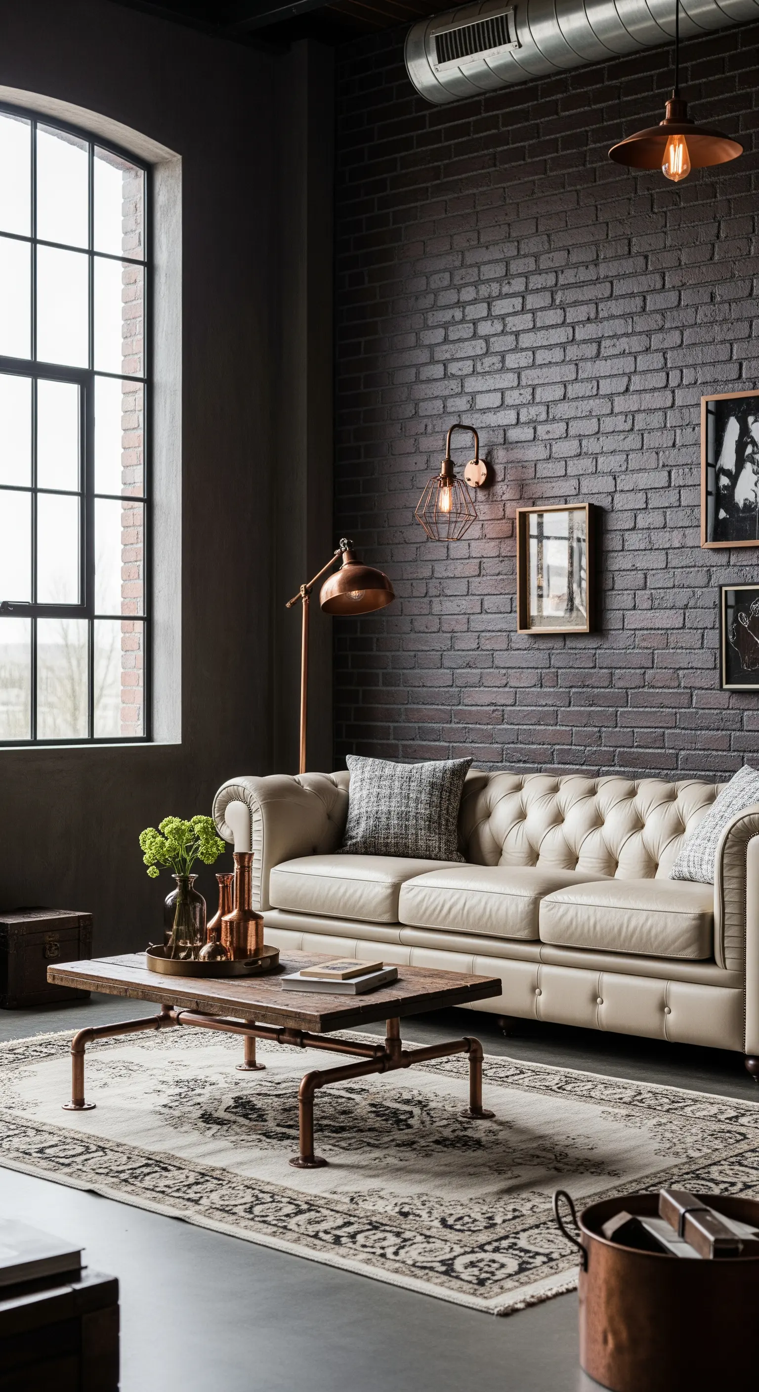 Salotto in stile industriale con parete in mattoni scuri, divano Chesterfield e lampade in rame.