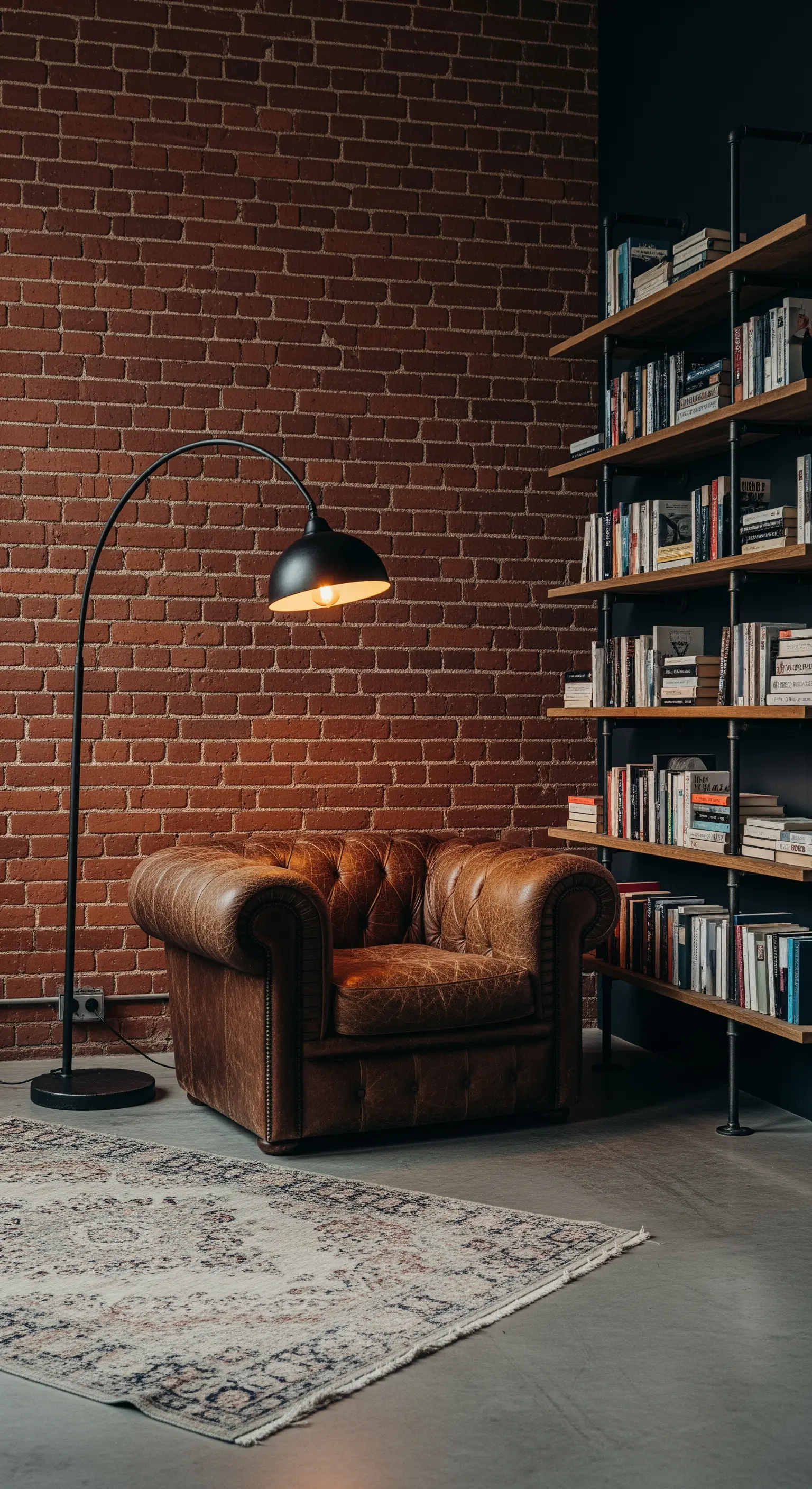 Poltrona Chesterfield in pelle marrone contro una parete di mattoni, con libreria industrial.
