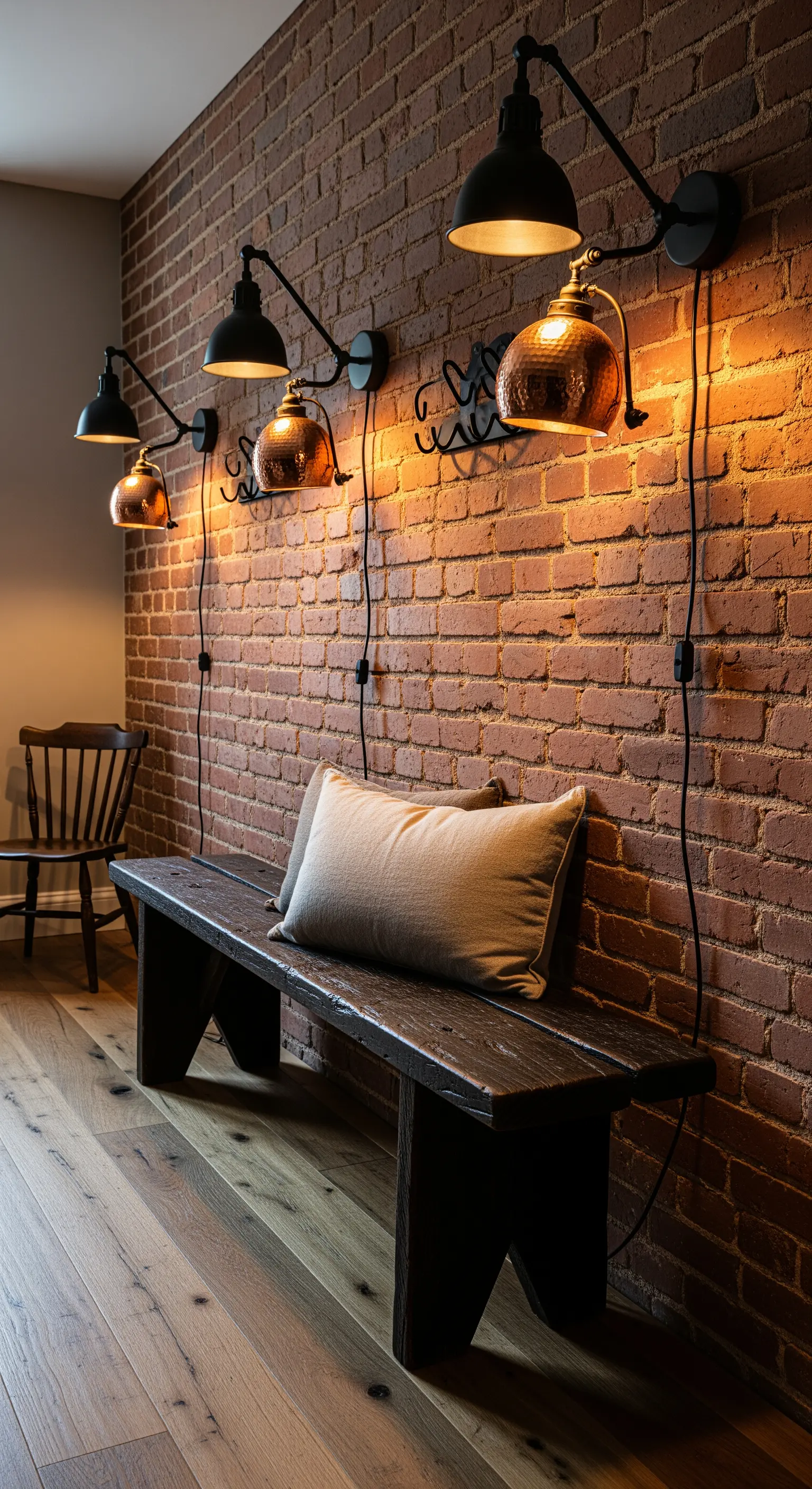 Parete in mattoni con panca in legno e lampade da parete industriali in rame e nero.
