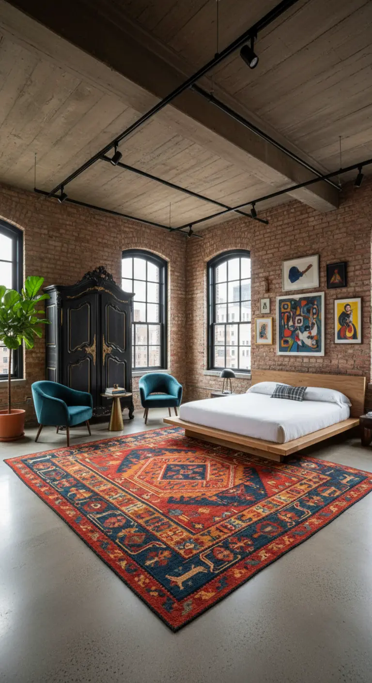 Loft con pareti in mattoni, letto moderno e grande tappeto persiano colorato.