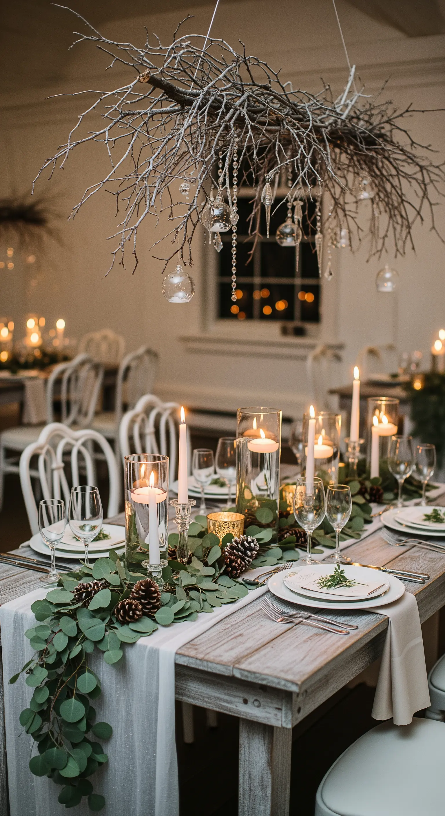 Centrotavola invernale rustico con rami, pigne, eucalipto e candele.