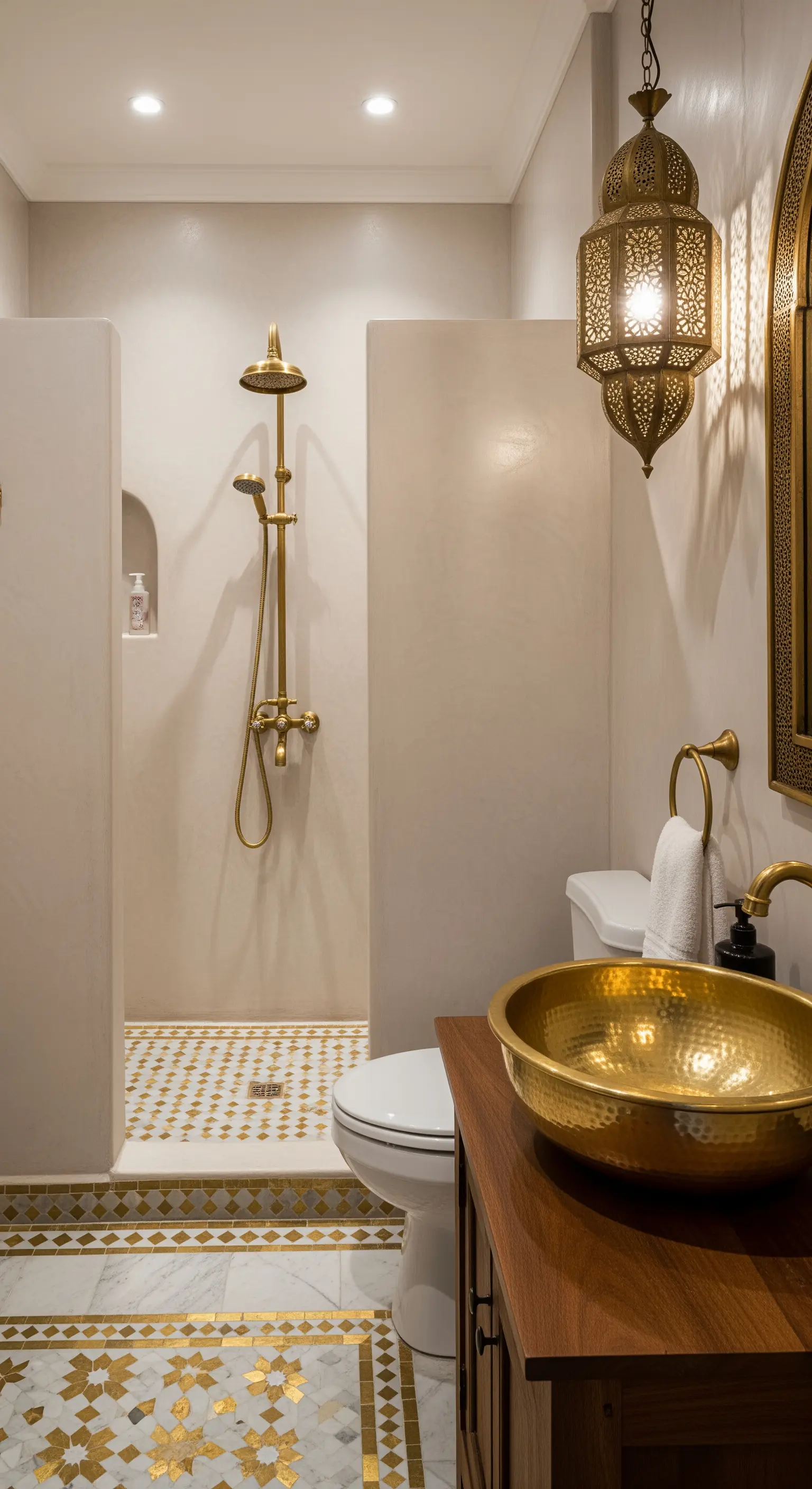 Bagno in stile marocchino con pareti in tadelakt, lavabo in ottone martellato e mosaico a pavimento.