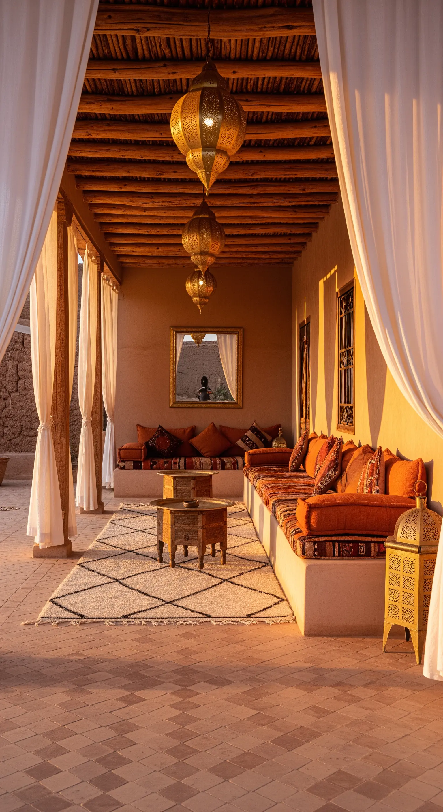 Patio in stile marocchino con sedute in muratura, cuscini arancioni e lanterne dorate sospese.