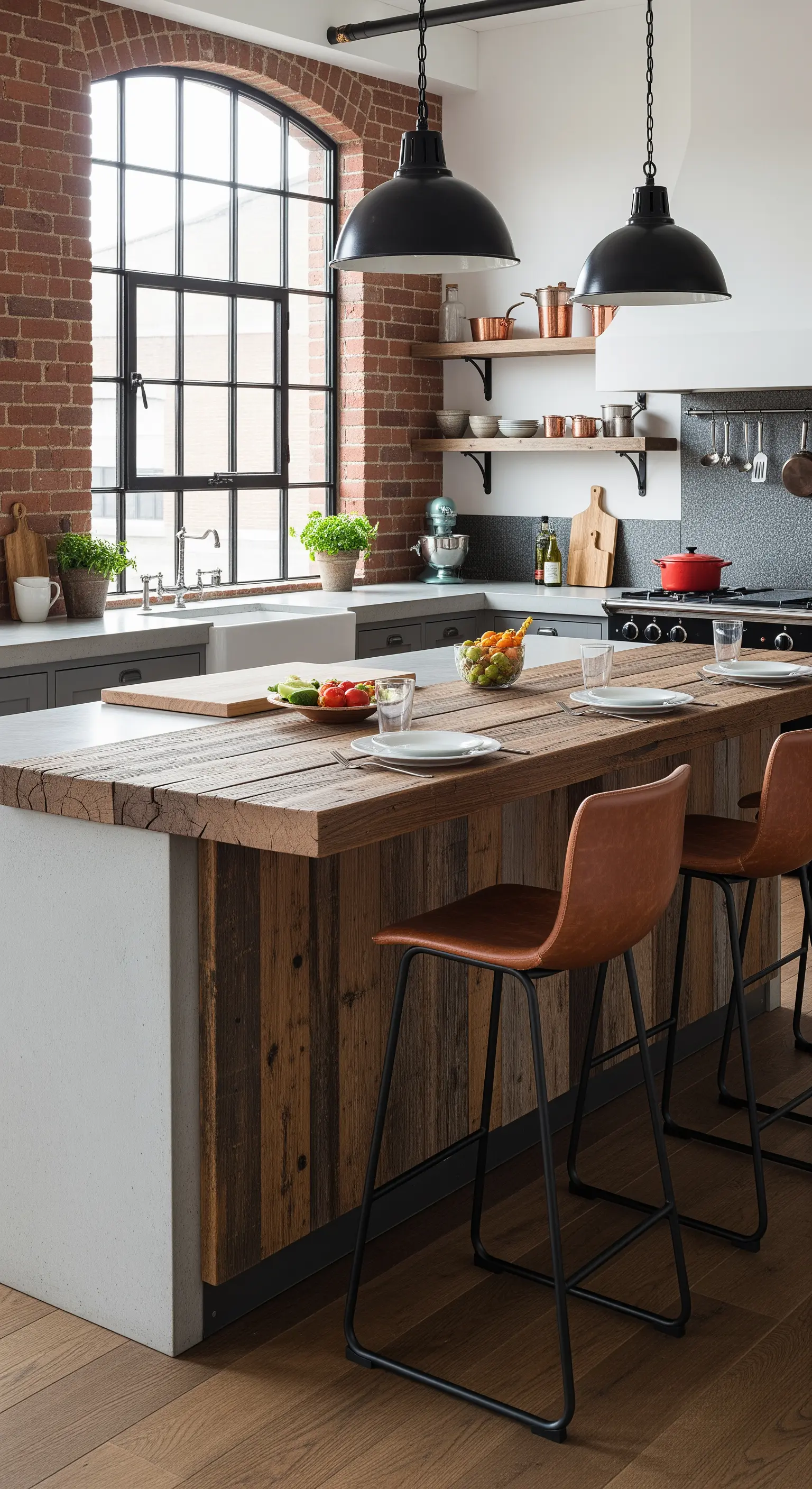 Isola da cucina in legno di recupero e cemento con sgabelli in pelle marrone.