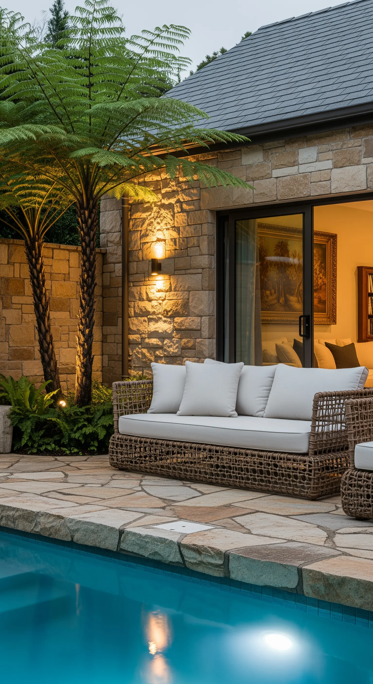 Patio accogliente con divano in fibra intrecciata contro una parete in pietra, illuminato da un'applique calda.