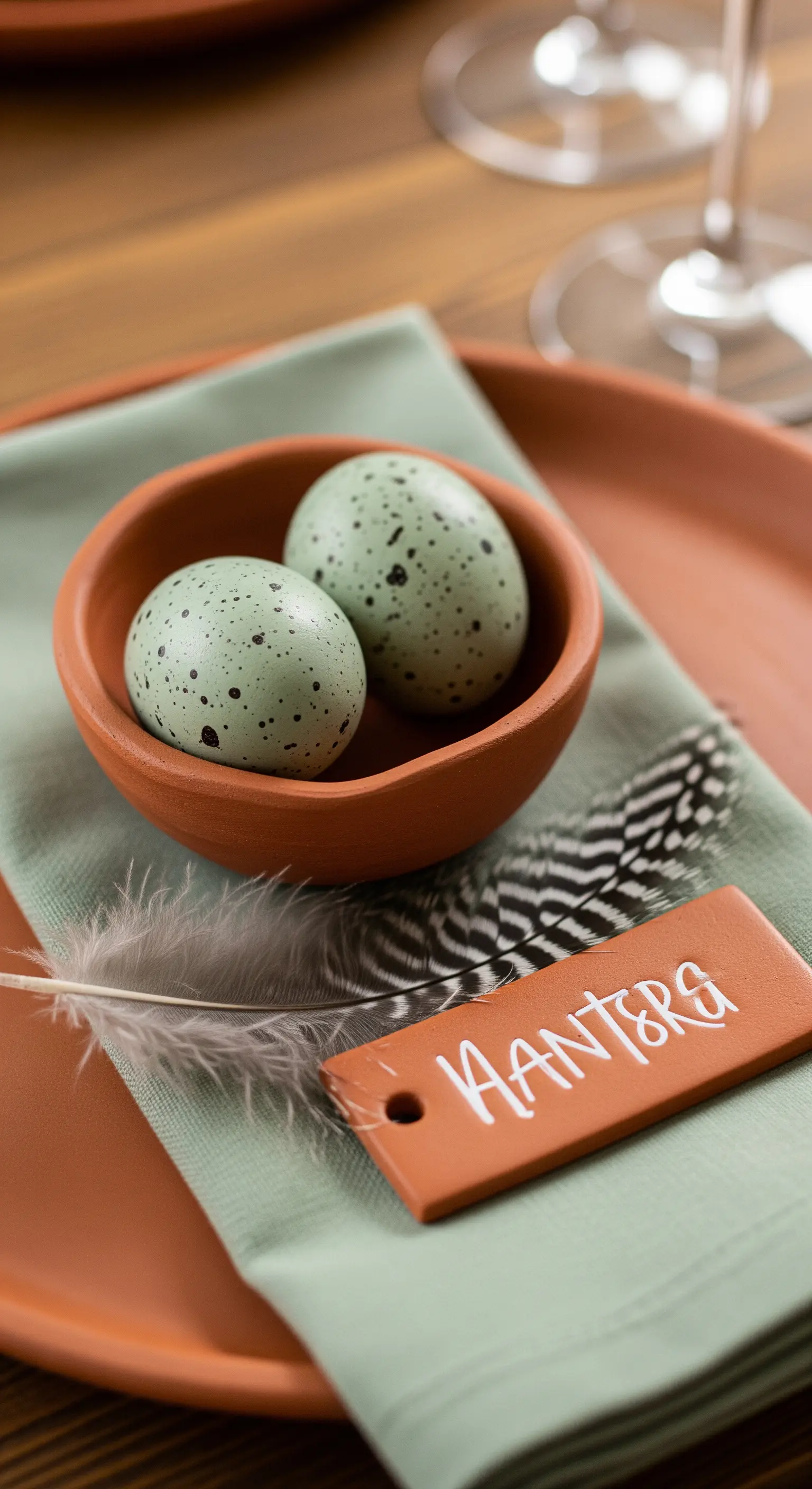 Ciotola in terracotta con uova verdi macchiate e segnaposto coordinato.
