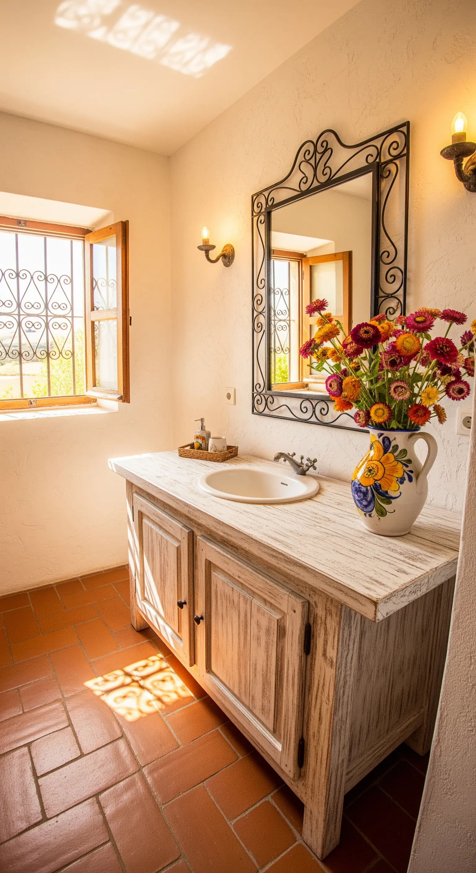 Bagno rustico con pavimento in cotto, mobile in legno sbiancato e specchio in ferro battuto.