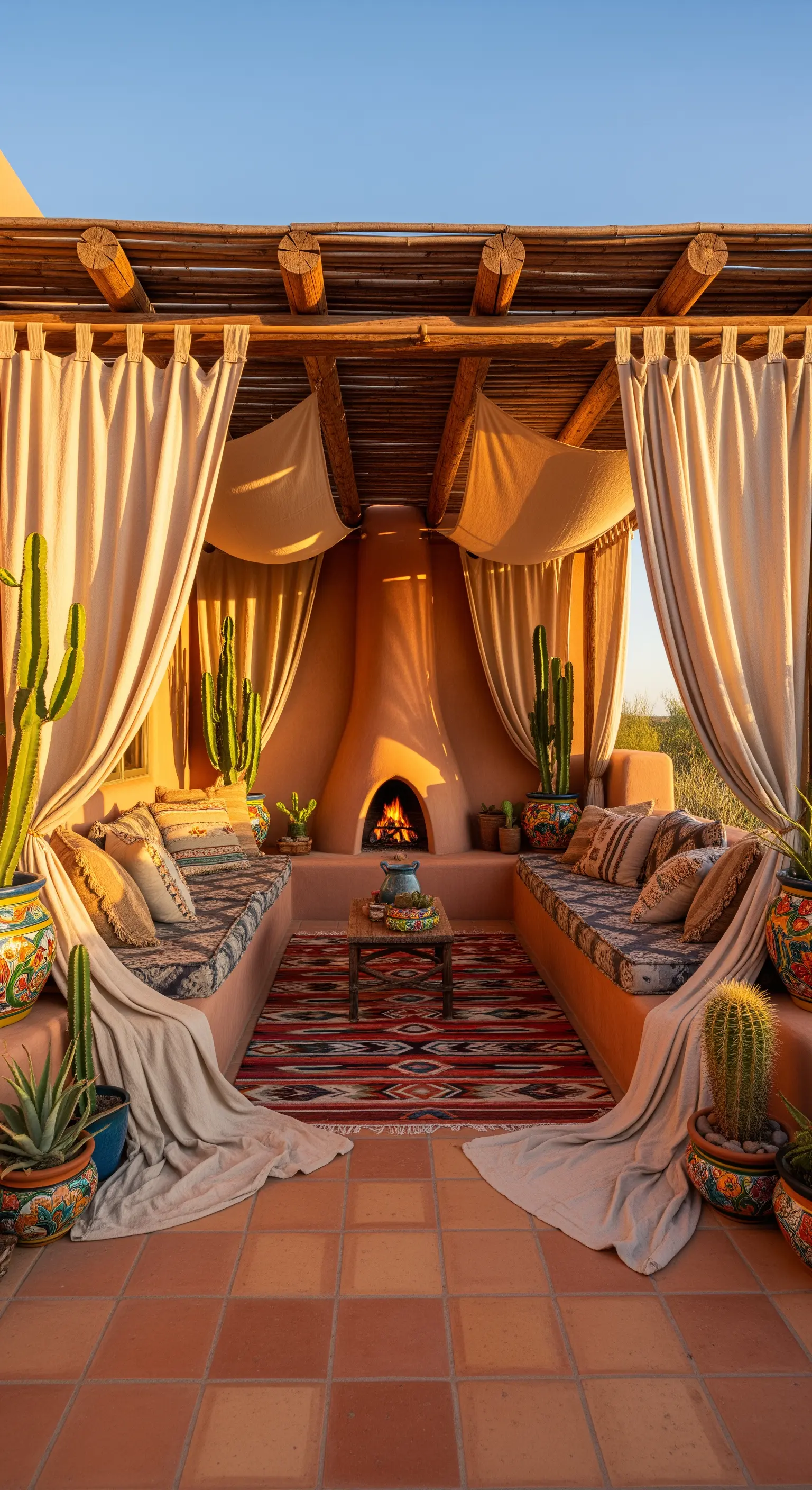Patio in stile adobe con sedute in muratura, camino, cuscini etnici e tende color crema