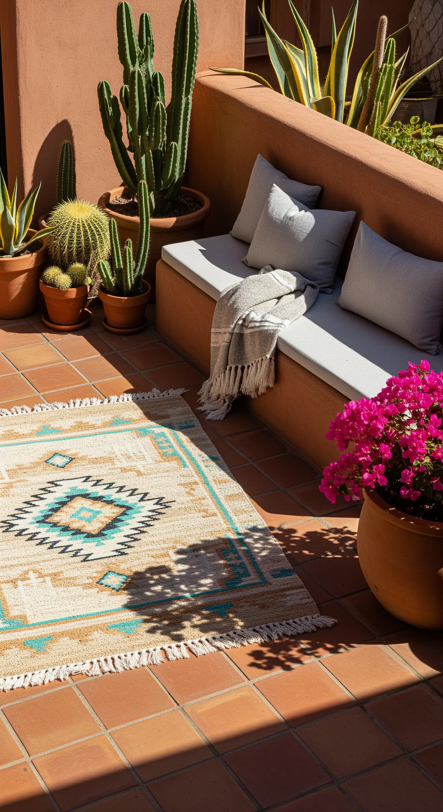 Patio in terracotta con panca in muratura, cuscini chiari e tappeto kilim turchese.