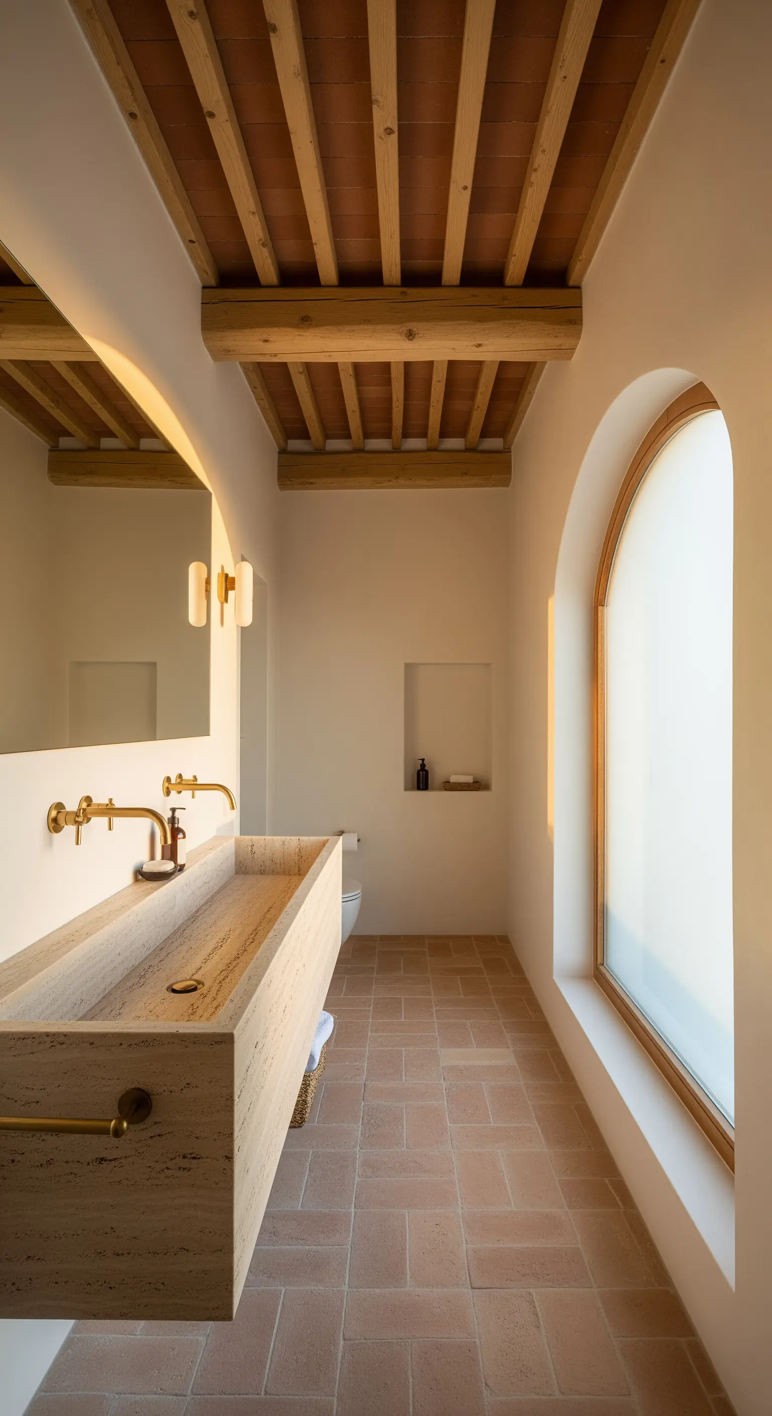 Bagno minimalista con pavimento in cotto, lavabo in travertino e finestra ad arco.